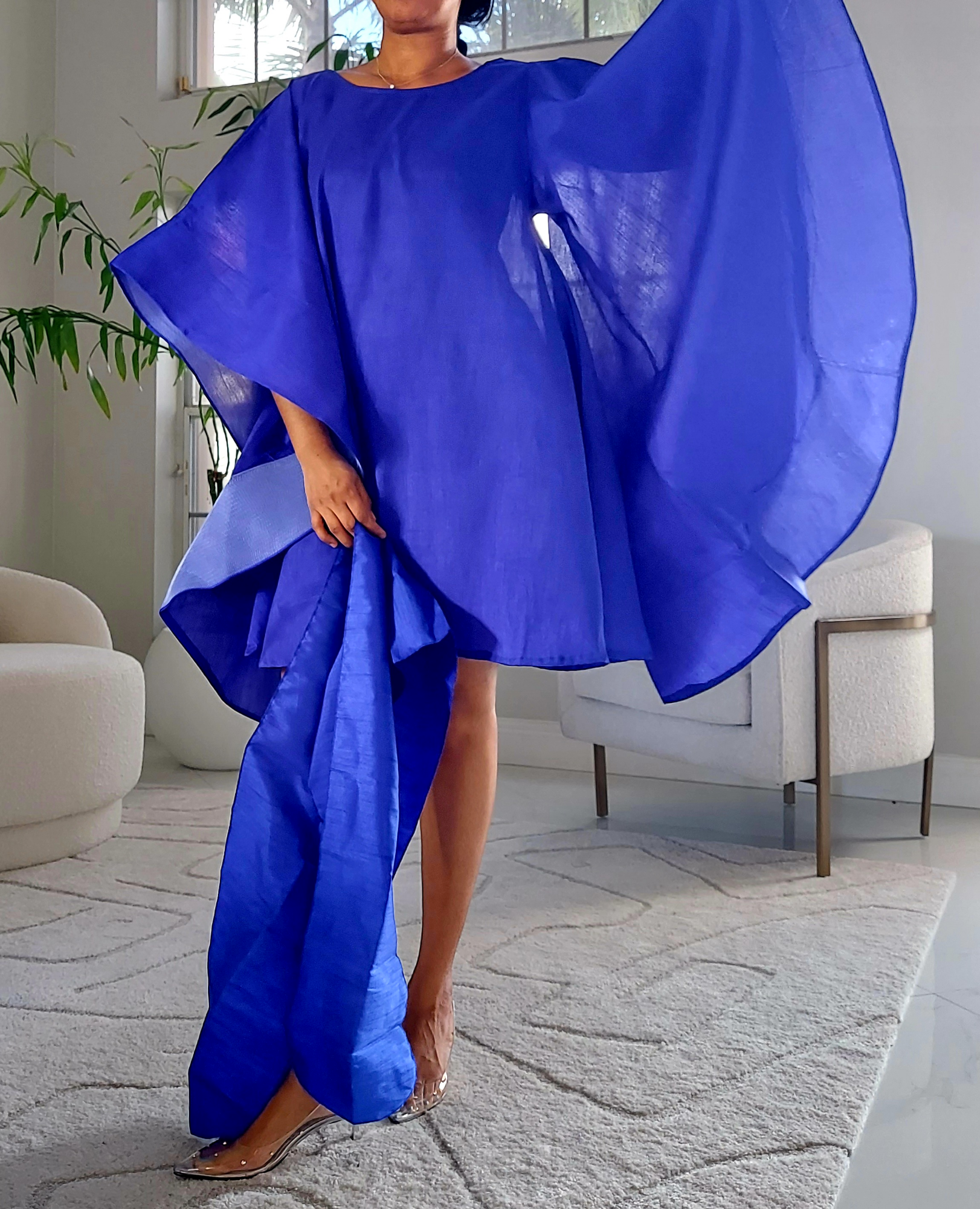 Faux Silk Wing Dress/Poncho Dress/ Wing Sleeves-Royal Blue