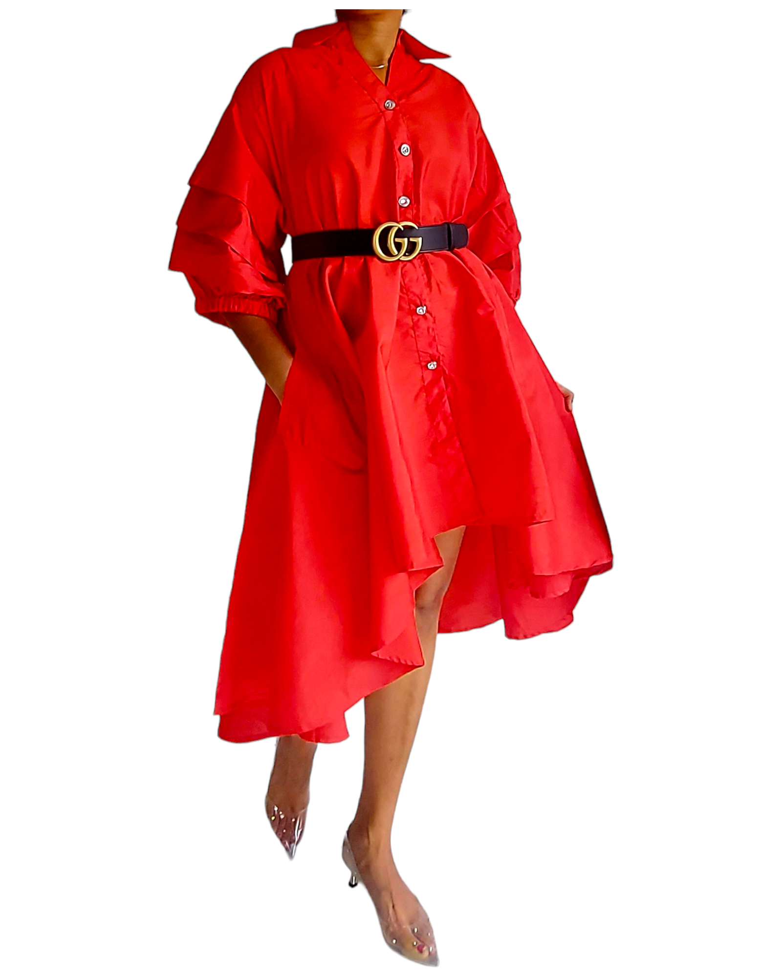 Swing Dress/ Faux Silk/ Ruffle Sleeve - Red