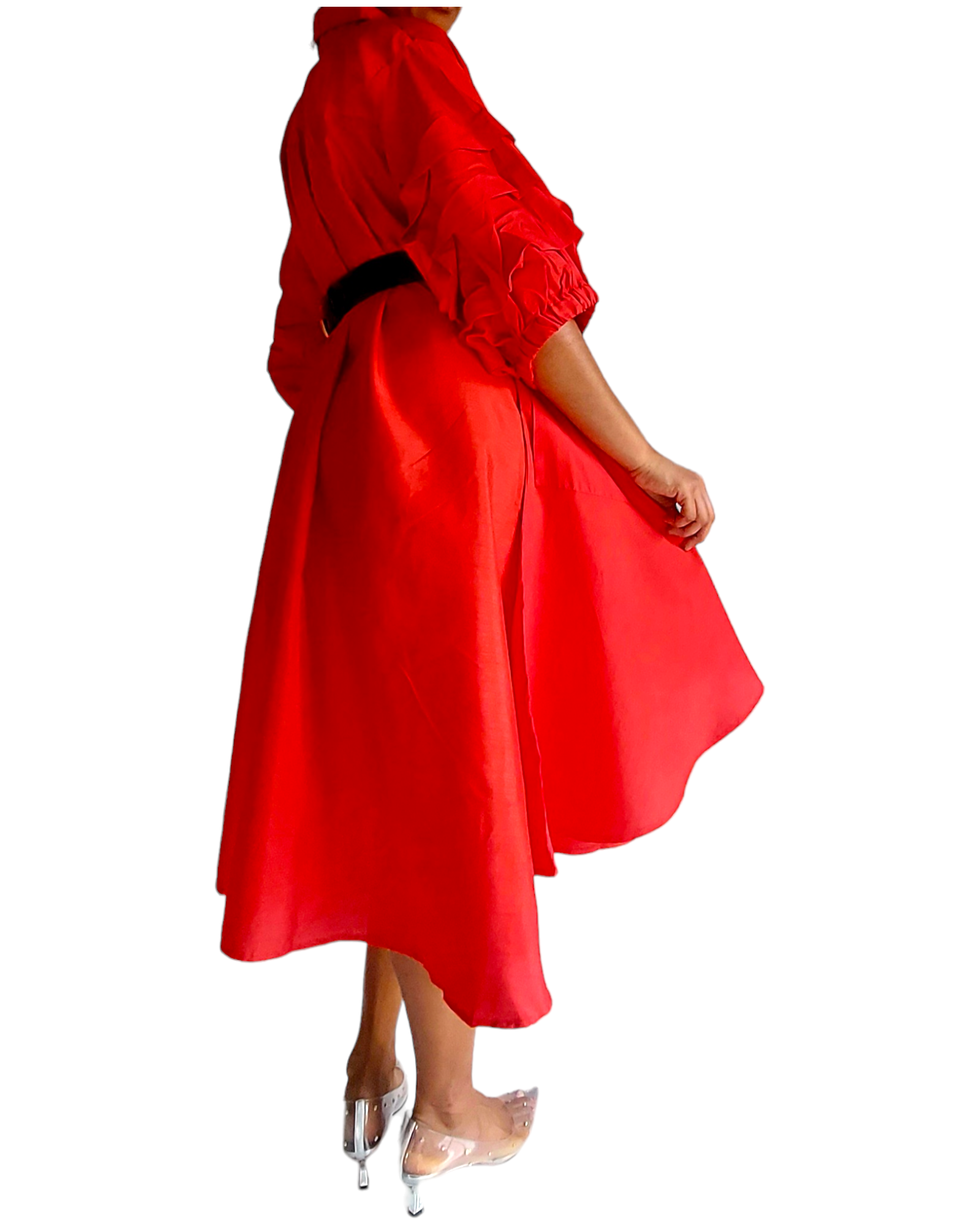 Swing Dress/ Faux Silk/ Ruffle Sleeve - Red