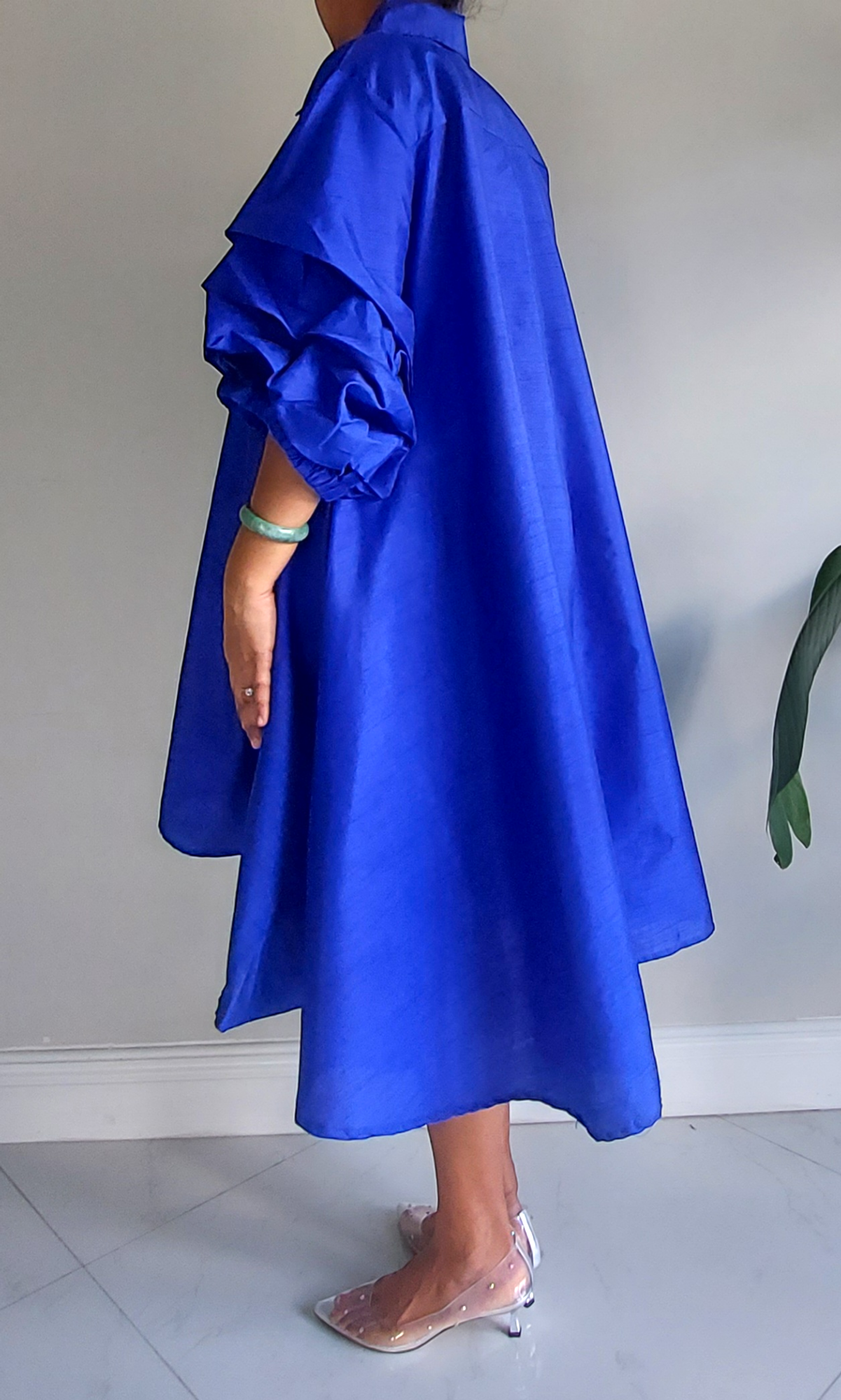 Swing Dress/Faux Silk/ Ruffle Sleeve - Royal Blue