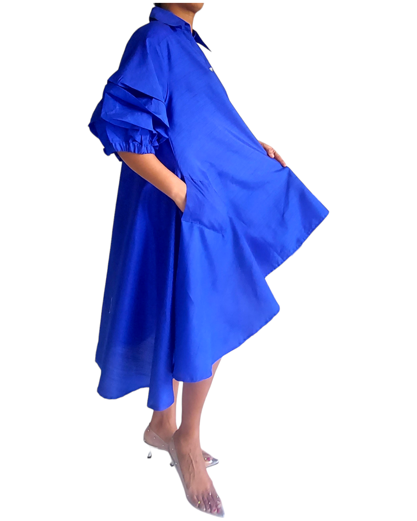 Swing Dress/Faux Silk/ Ruffle Sleeve - Royal Blue