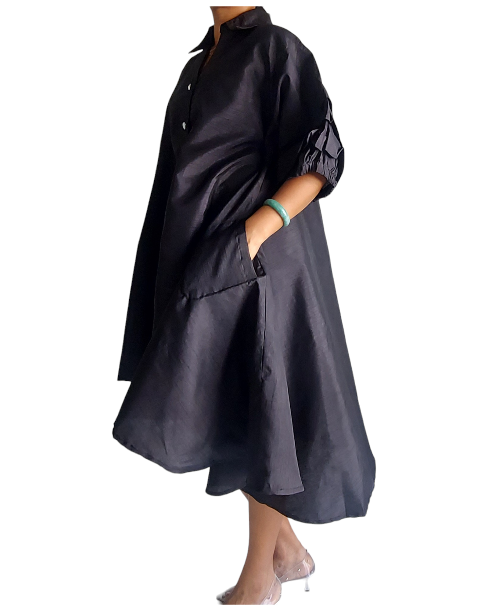 Swing Dress/ Faux Silk/ Ruffle Sleeve - Black