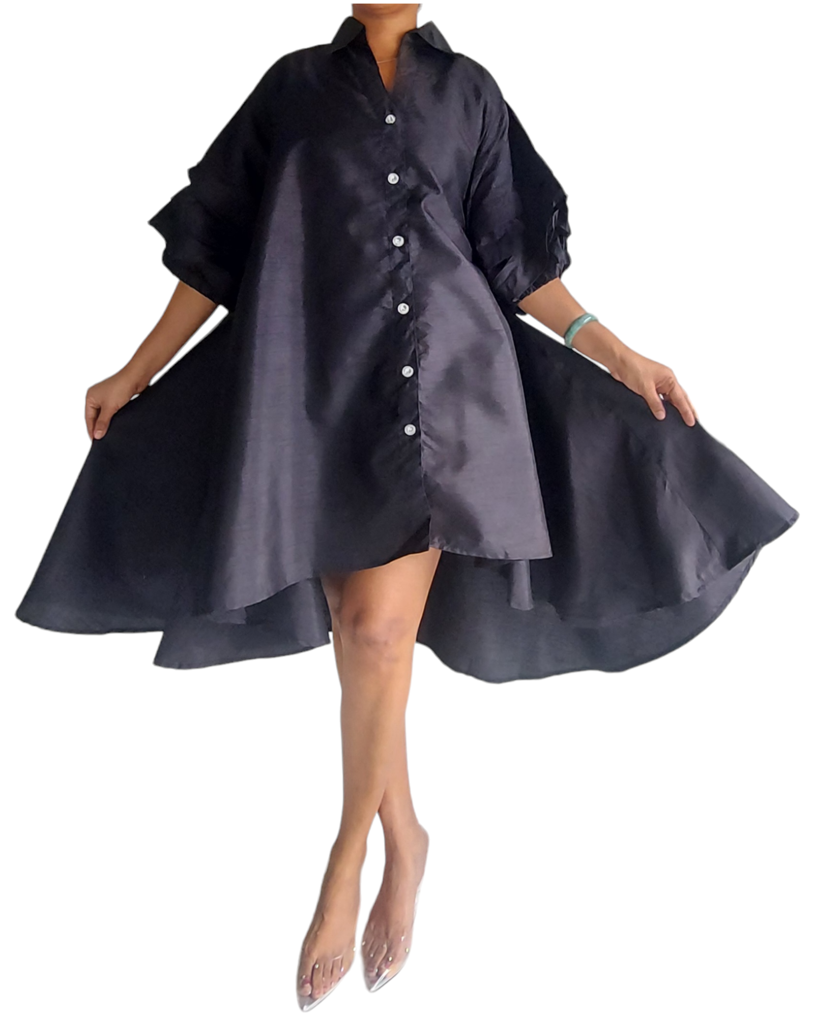 Swing Dress/ Faux Silk/ Ruffle Sleeve - Black