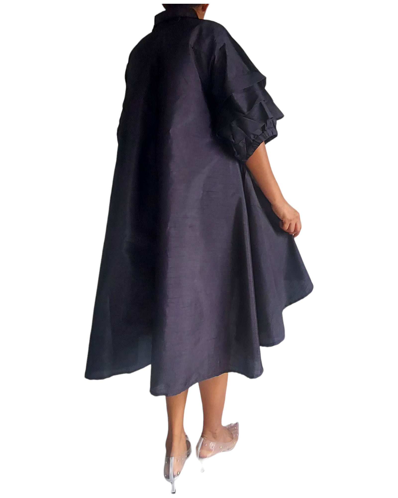 Swing Dress/ Faux Silk/ Ruffle Sleeve - Black