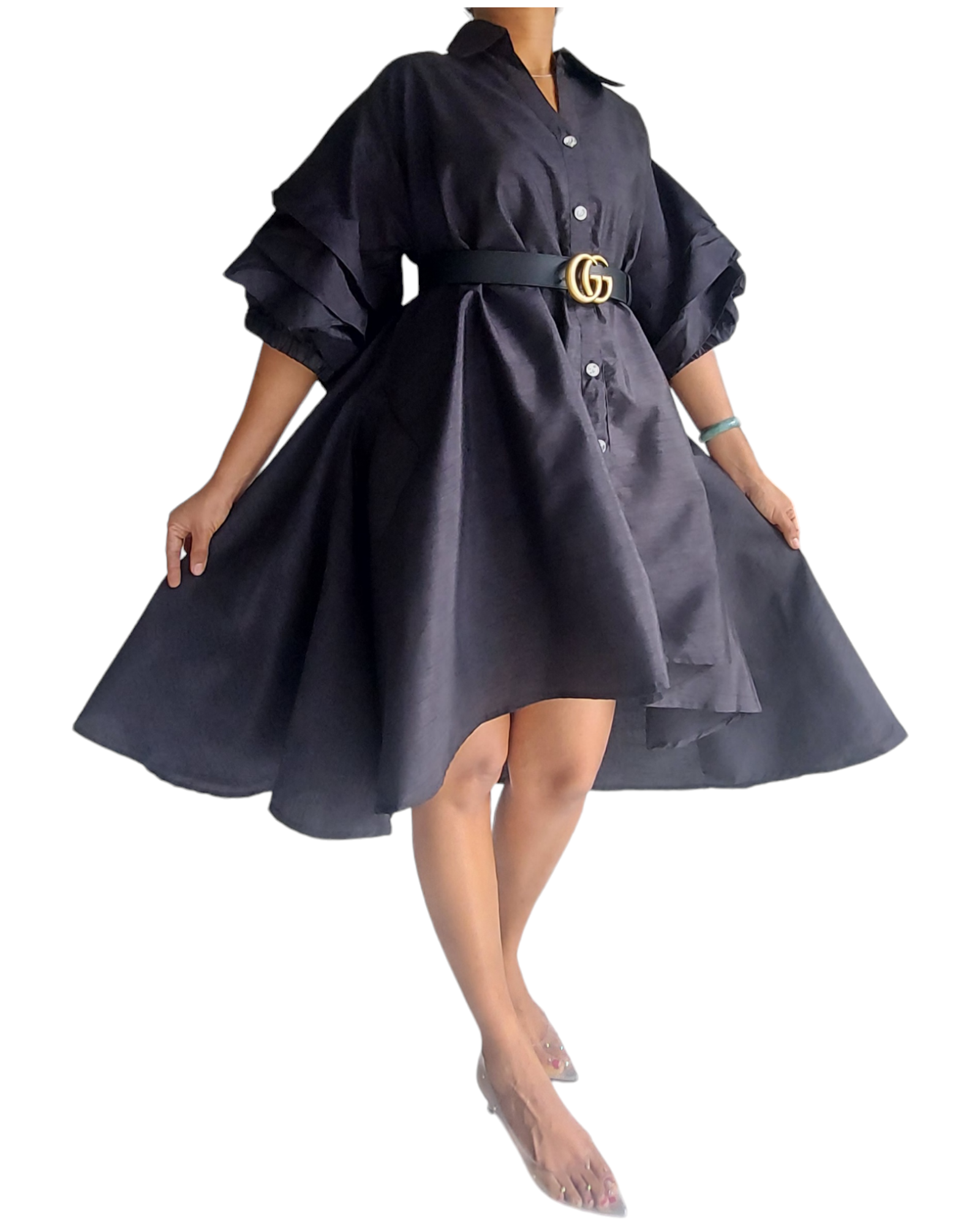 Swing Dress/ Faux Silk/ Ruffle Sleeve - Black