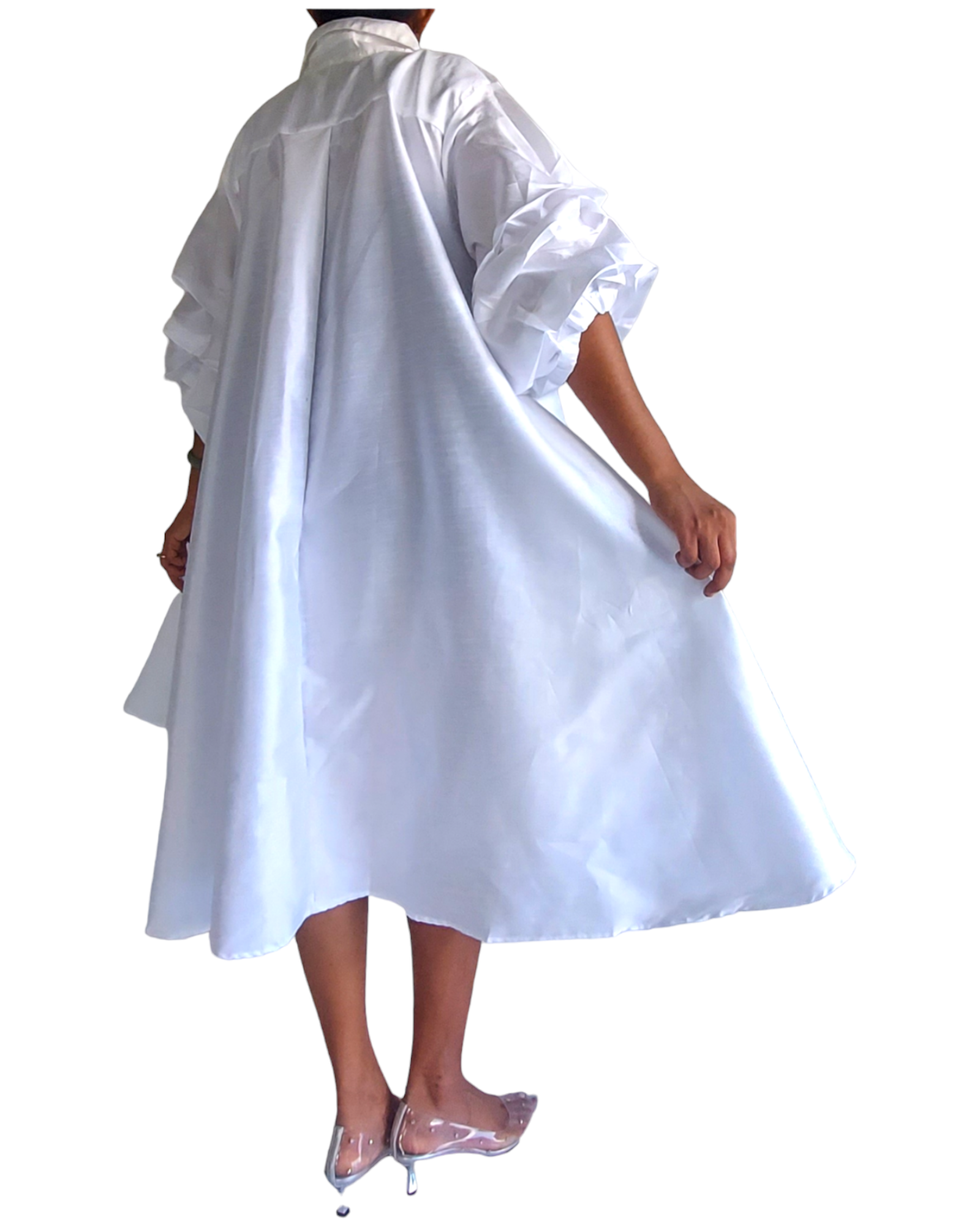 Swing Dress/ Faux Silk/ Ruffle Sleeve - White 758