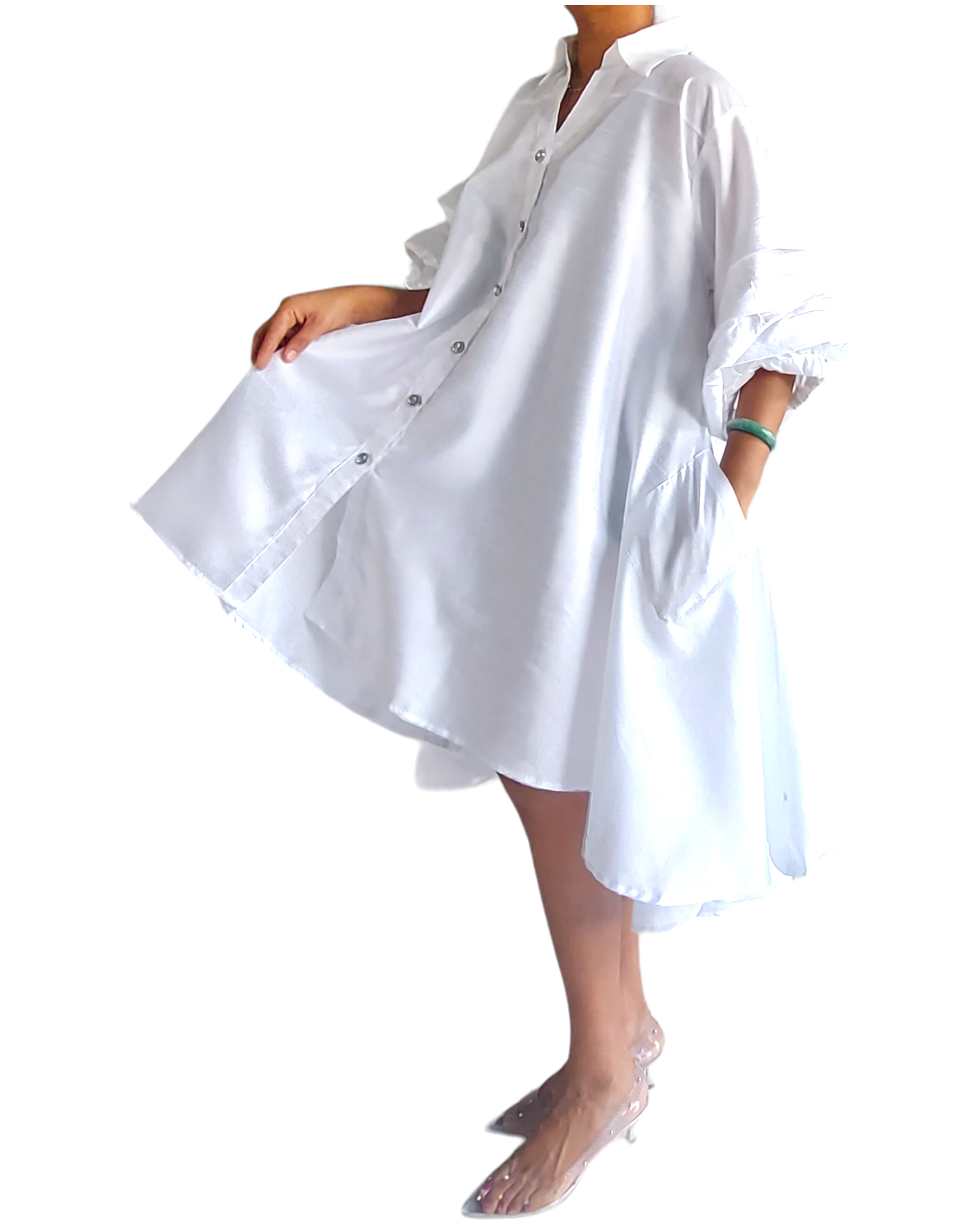 Swing Dress/ Faux Silk/ Ruffle Sleeve - White 25013