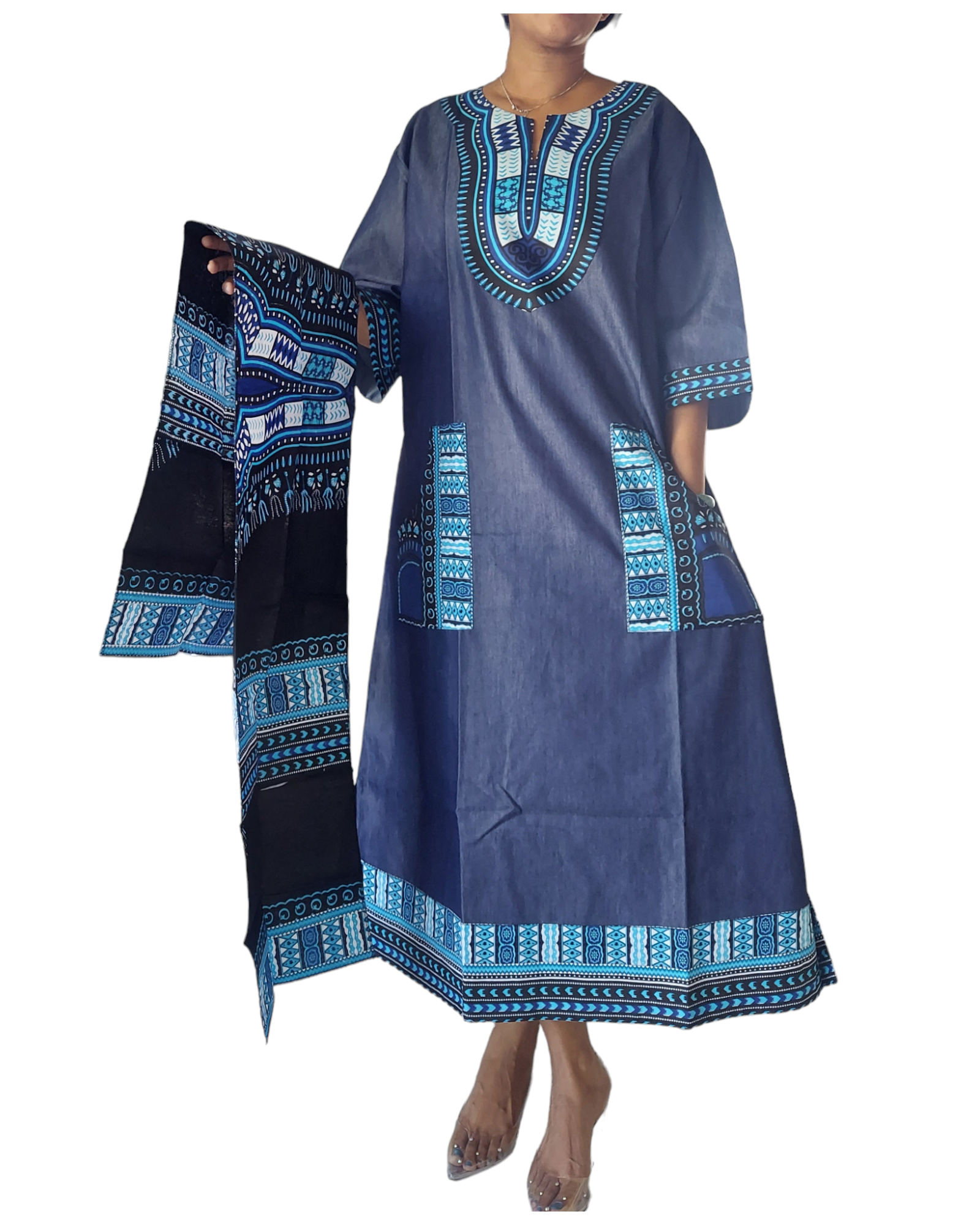 African Long Denim/Dashiki kaftan Dress- Blue