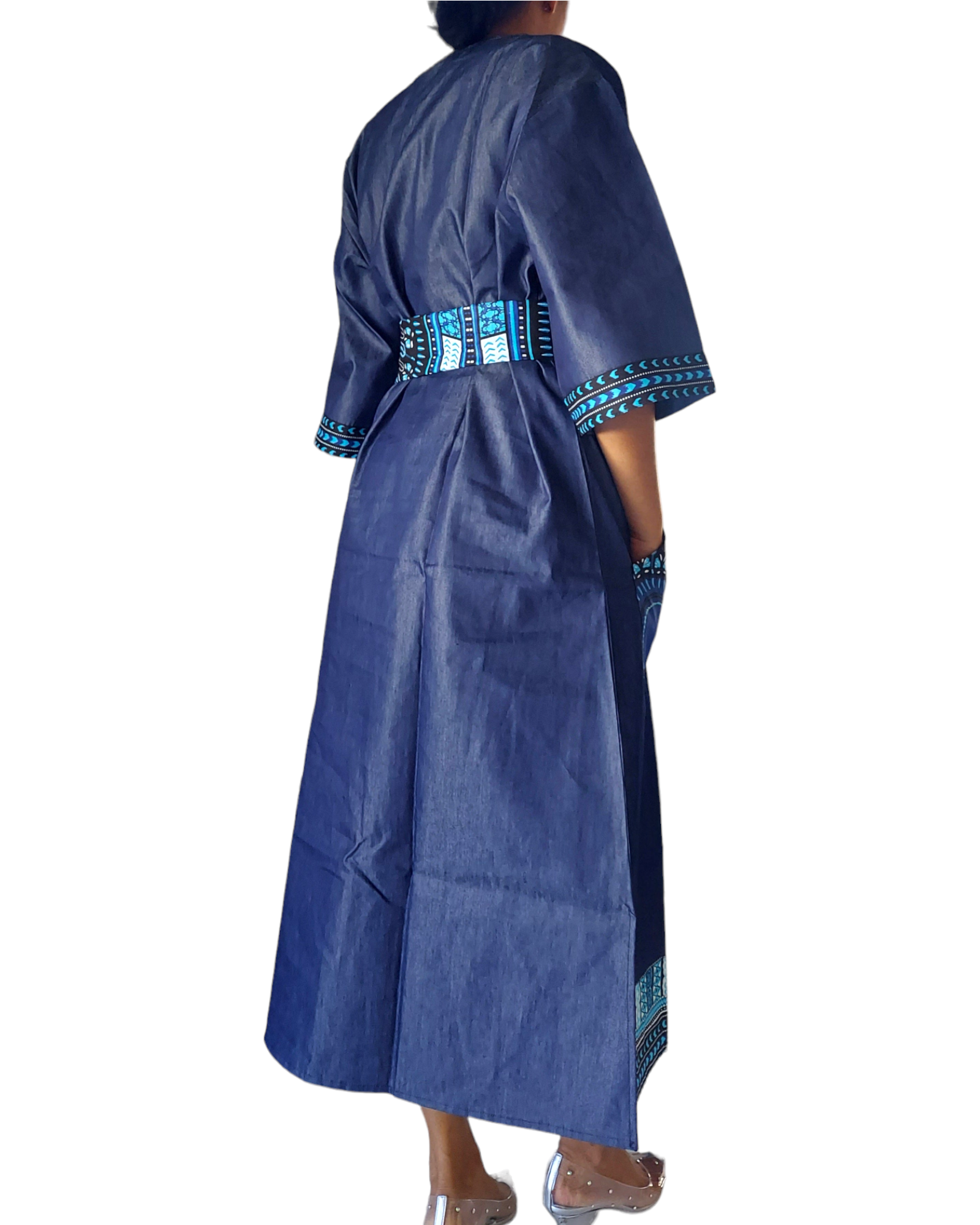 African Long Denim/Dashiki kaftan Dress- Blue