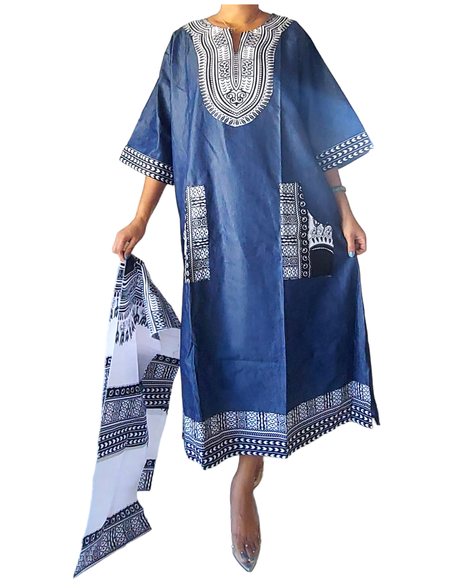 African Long Denim/Dashiki kaftan Dress- Black India Batik Retail African Long Denim/Dashiki kaftan Dress- Black India Batik Retail