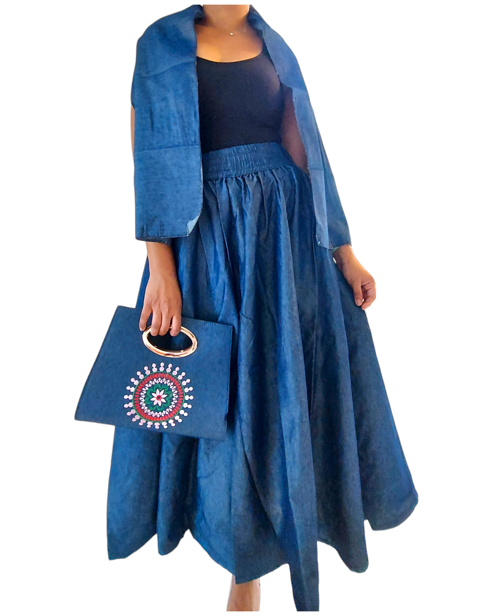 1012 Combo Long Skirt & Pocketbook Set-Blue Denim/ Pink