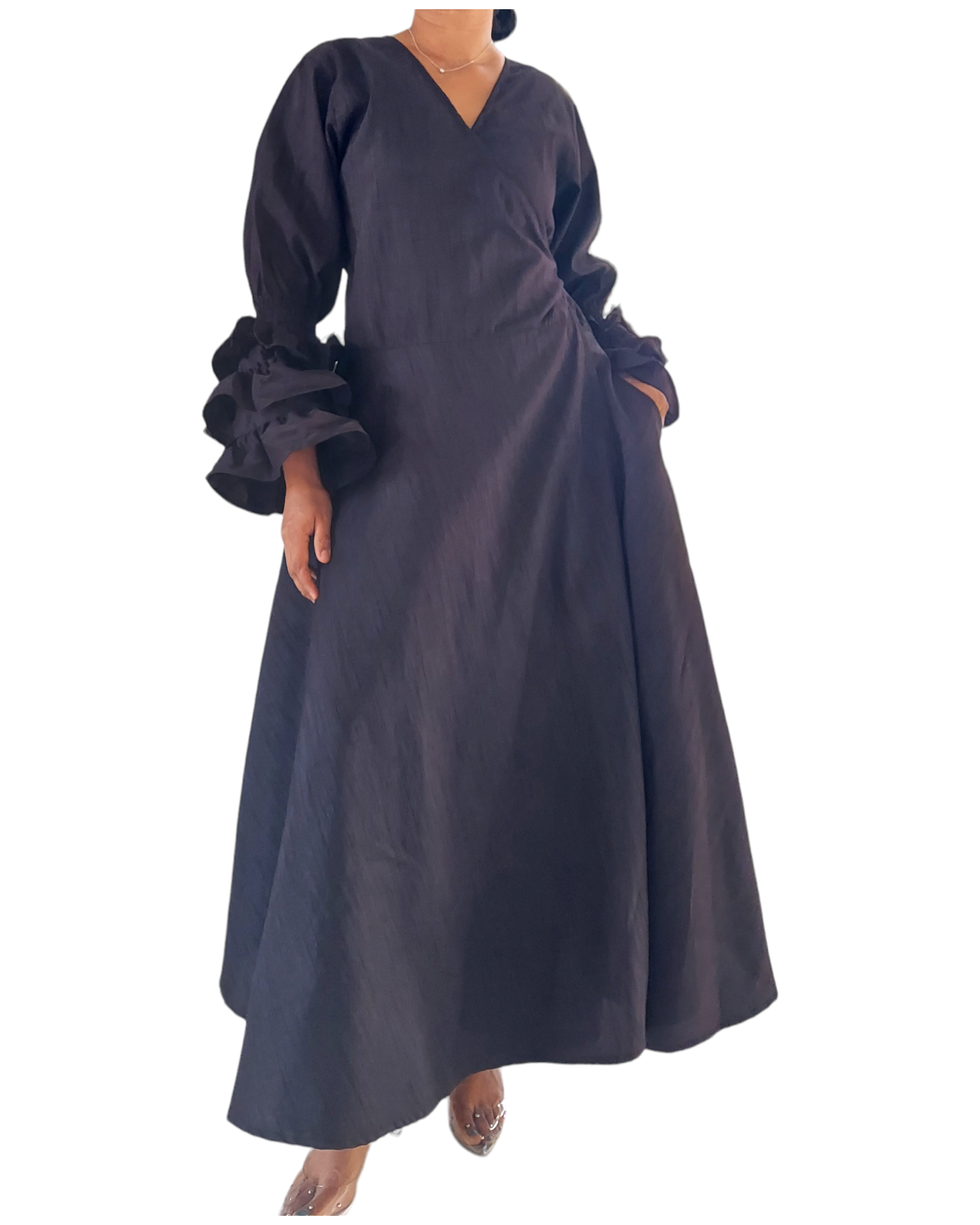 Faux Silk Wrap Dress With Long Ruffle Sleeves-Black