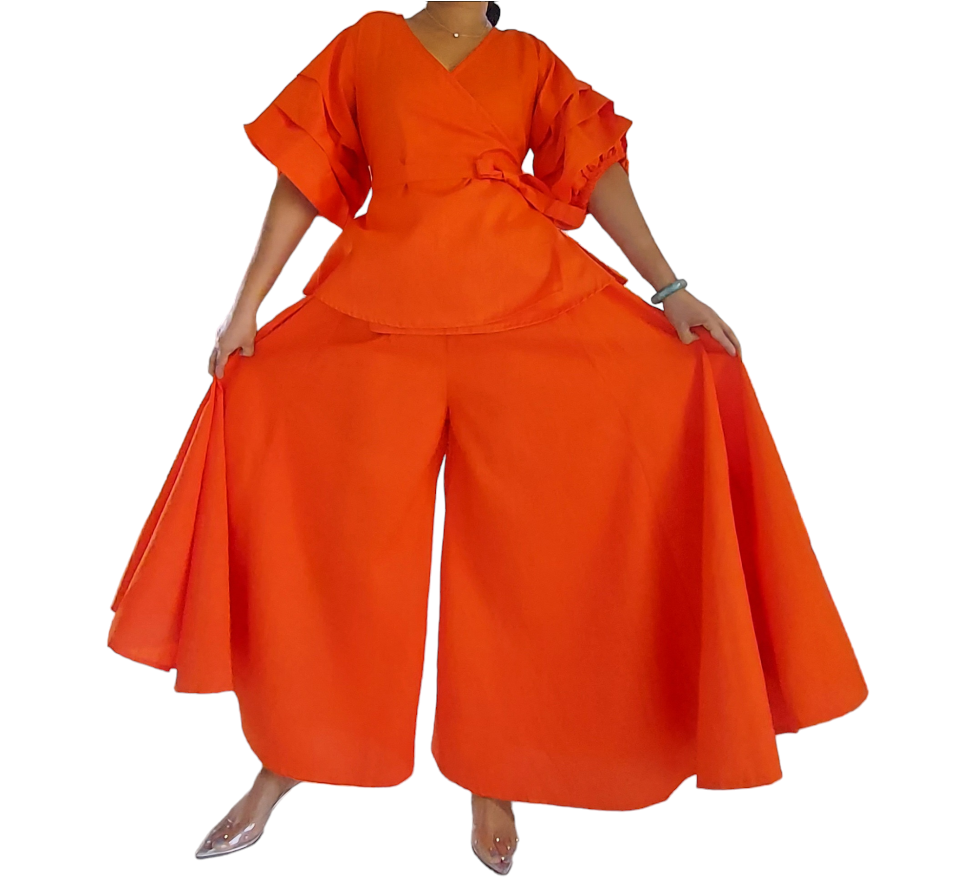Faux Silk Palazzo Pant & Wrap Blouse Set -Orange