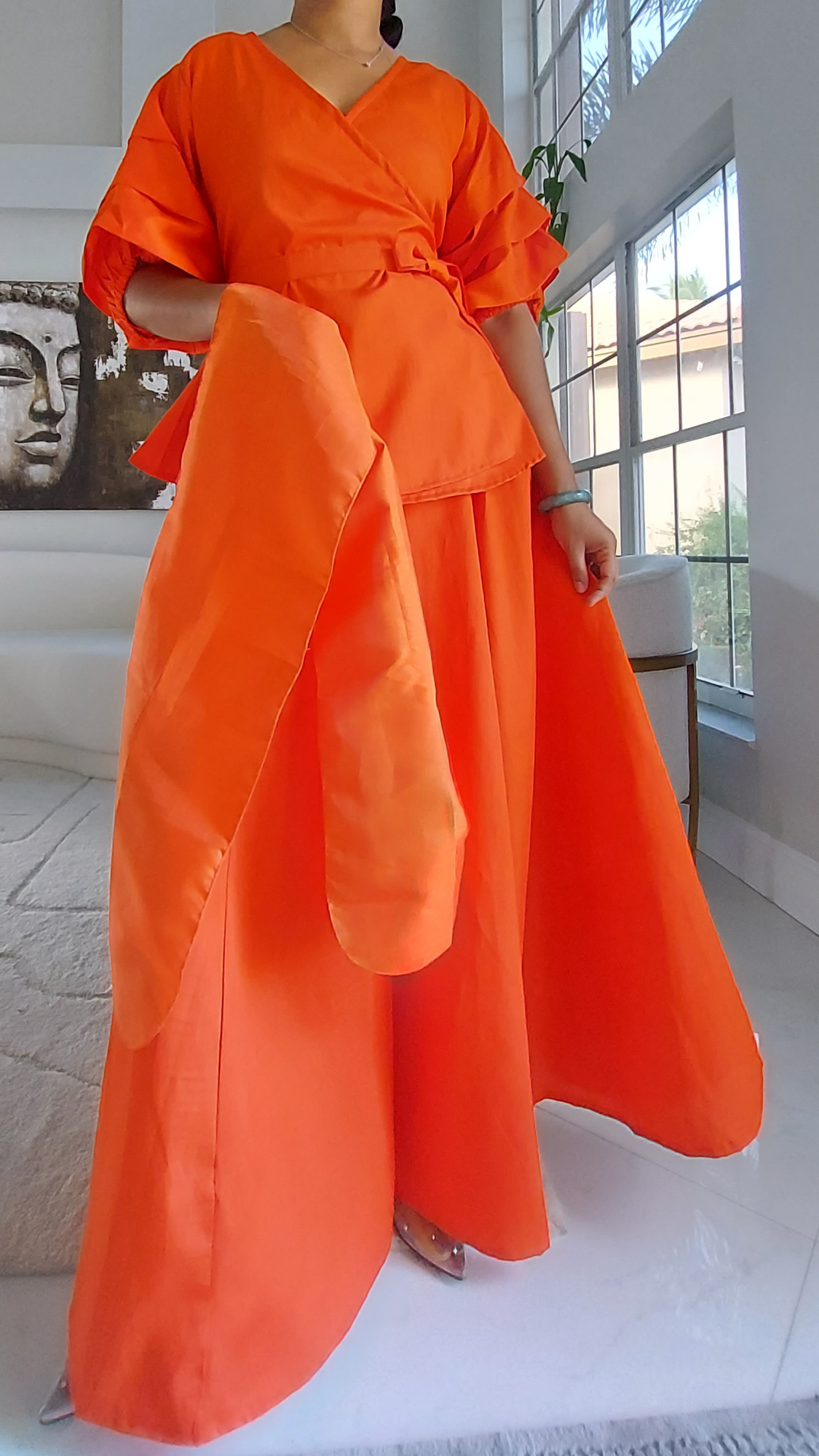 Faux Silk Palazzo Pant & Wrap Blouse Set -Orange