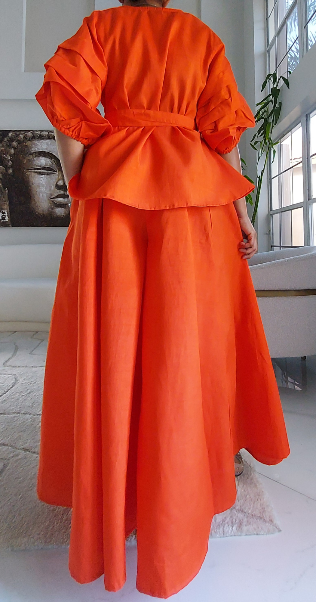 Faux Silk Palazzo Pant & Wrap Blouse Set -Orange