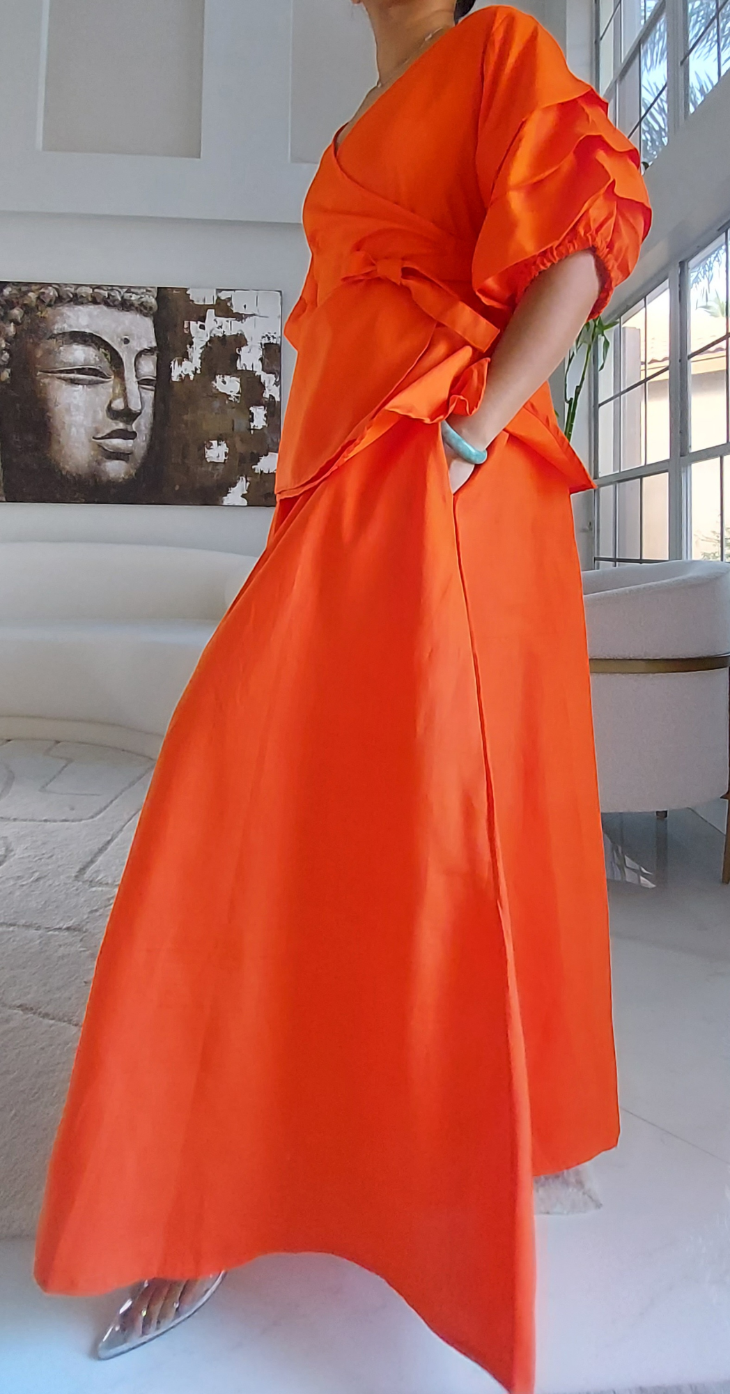 Faux Silk Palazzo Pant & Wrap Blouse Set -Orange