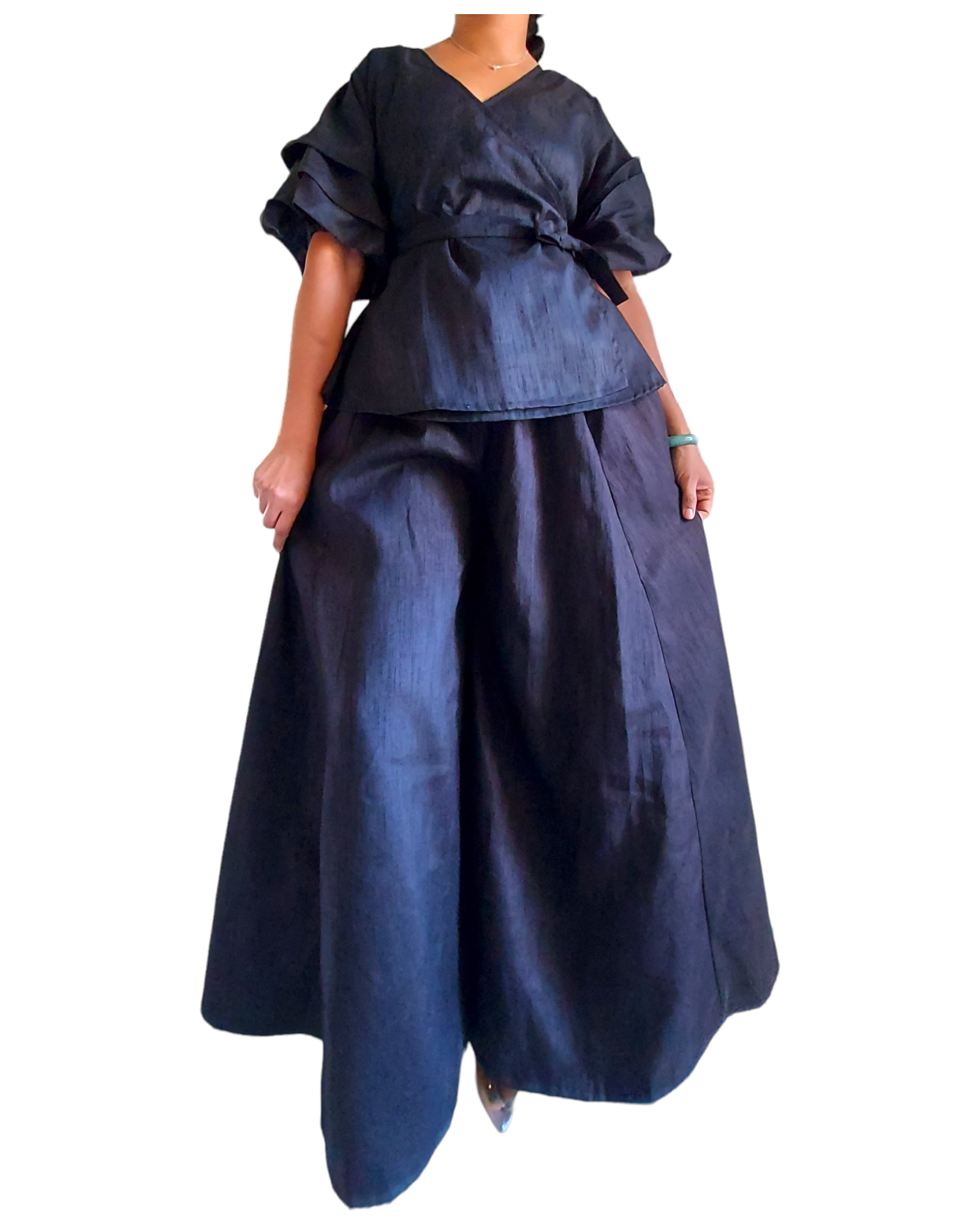 Faux Silk Palazzo Pant & Wrap Blouse Set -Black