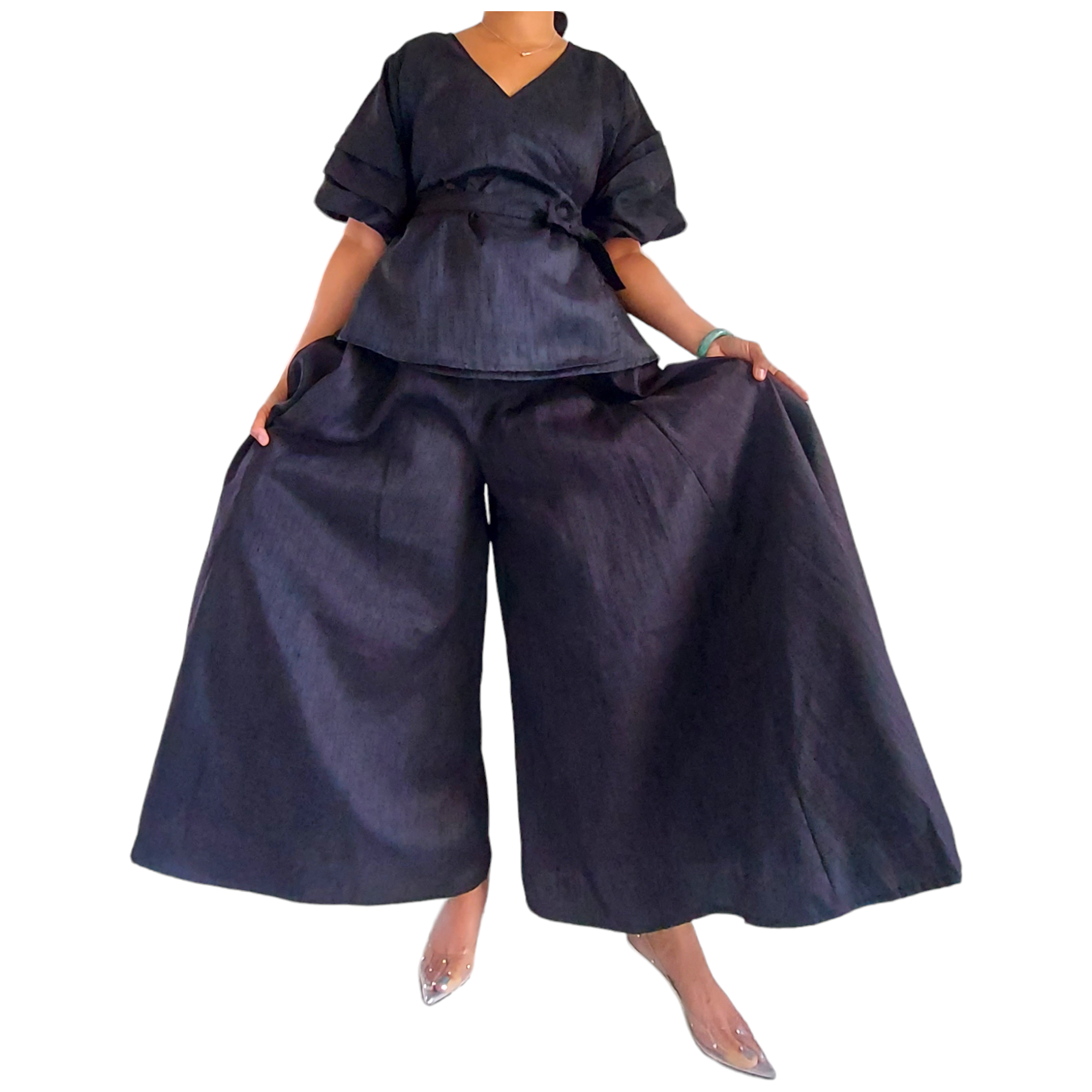 Faux Silk Palazzo Pant & Wrap Blouse Set -Black