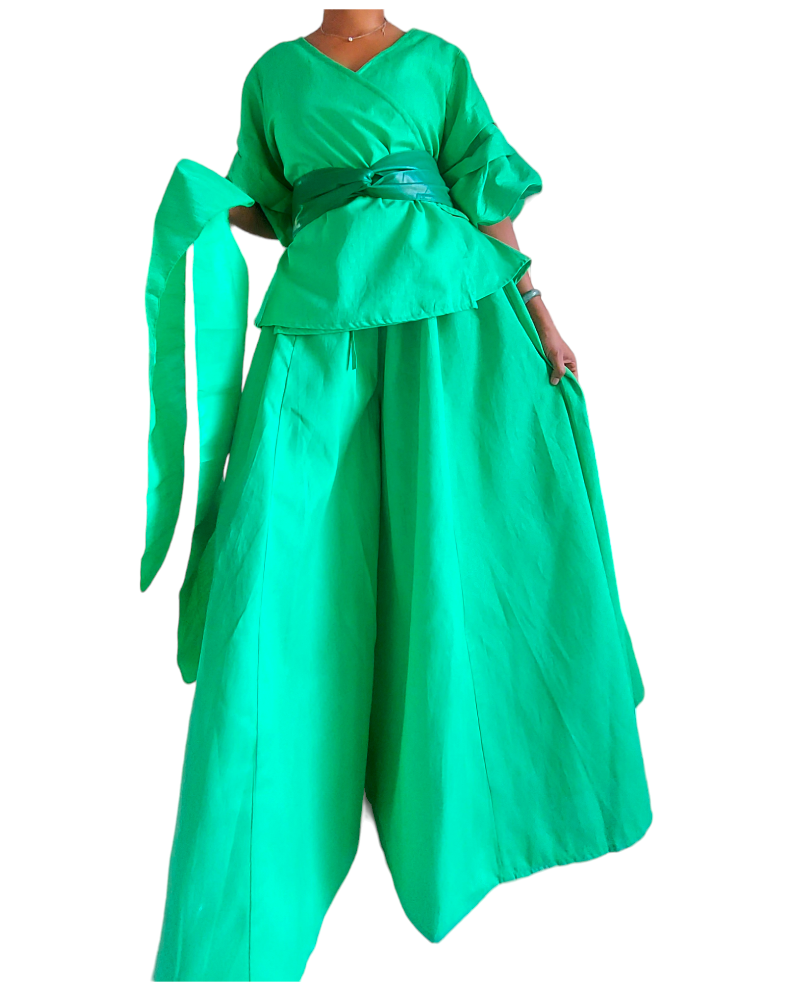 Faux Silk Palazzo Pant & Wrap Blouse Set -Green