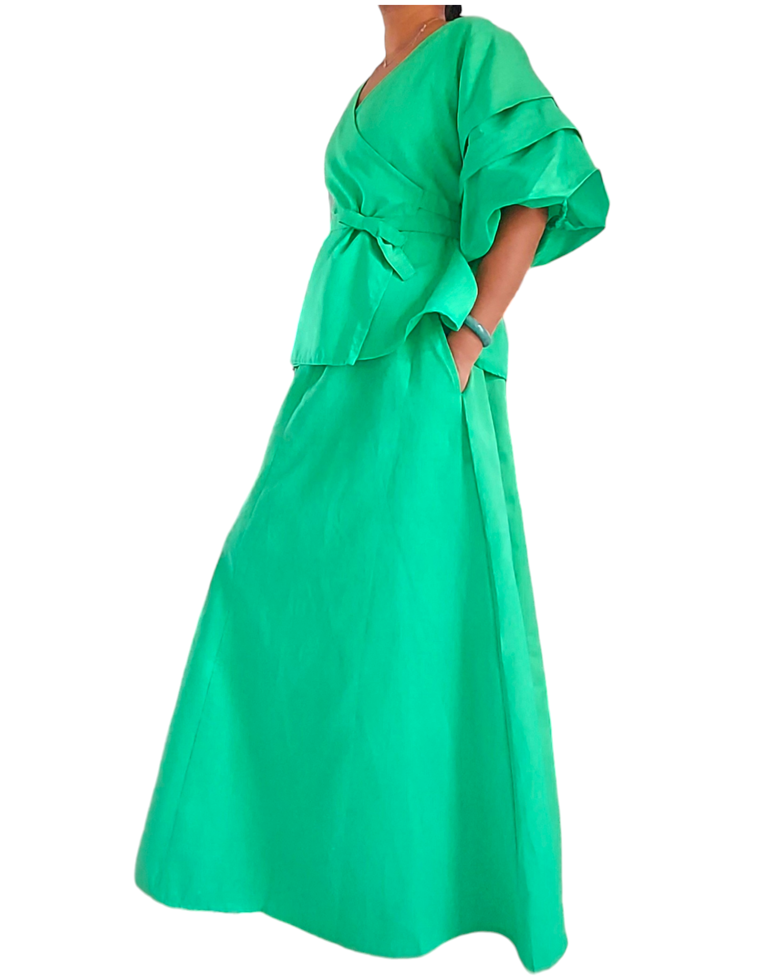 Faux Silk Palazzo Pant & Wrap Blouse Set -Green