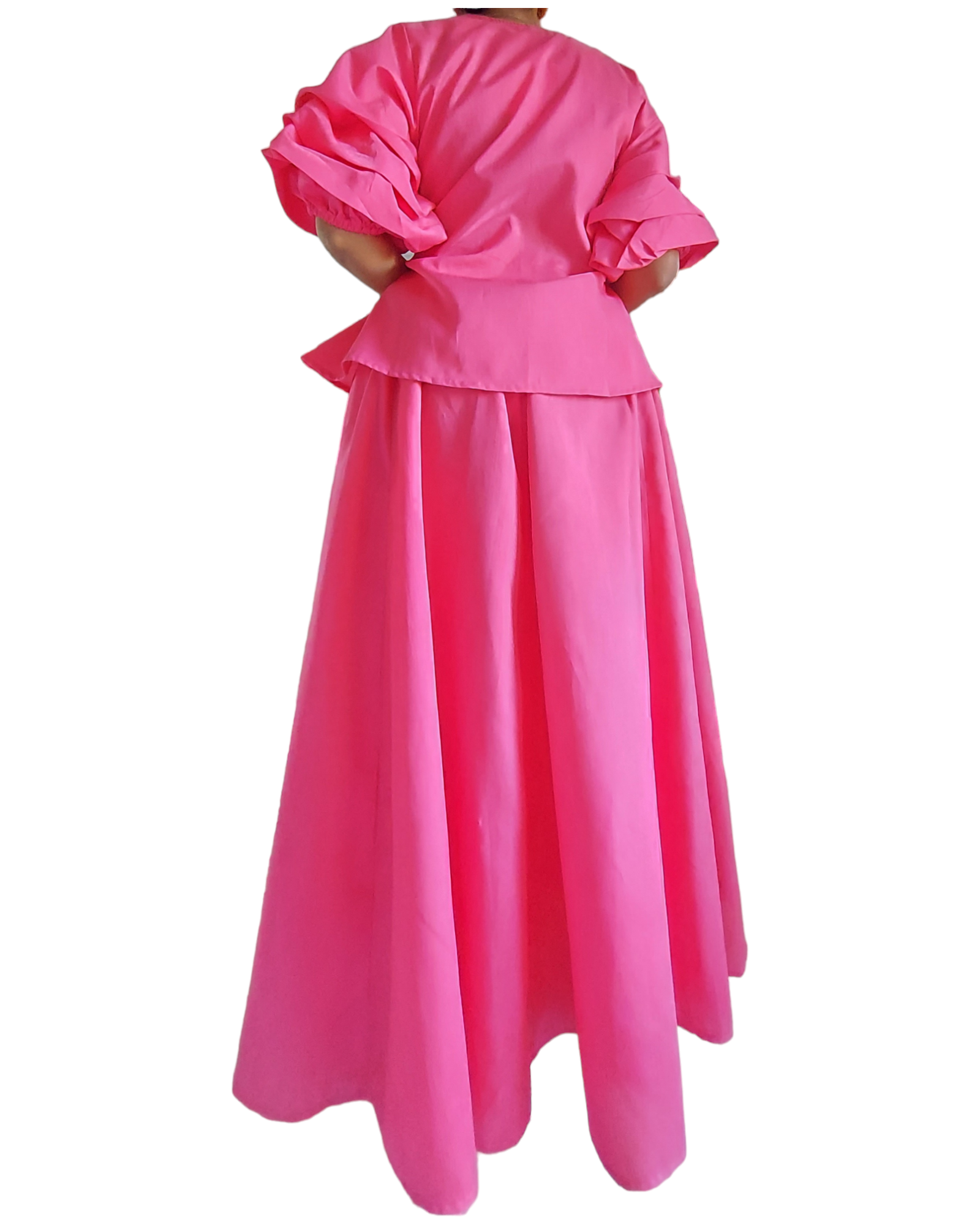 Faux Silk Long Skirt & Wrap Blouse Set - Fuchsia