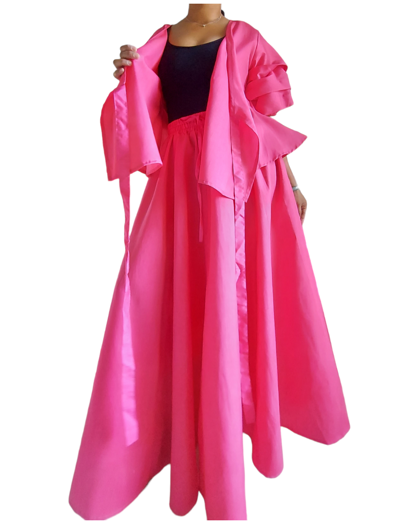 Faux Silk Long Skirt & Wrap Blouse Set - Fuchsia