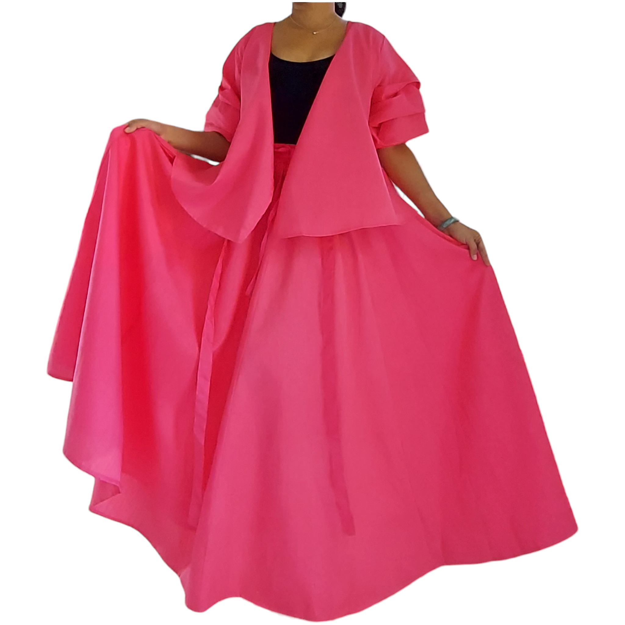 Faux Silk Long Skirt & Wrap Blouse Set - Fuchsia