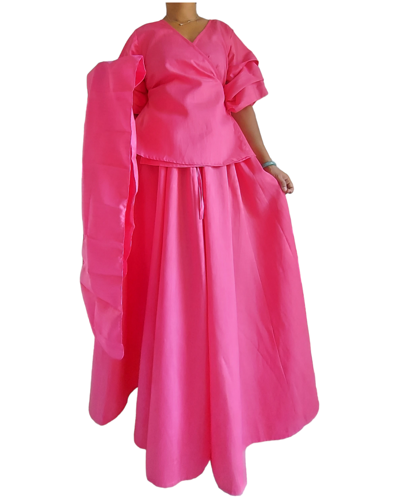 Faux Silk Long Skirt & Wrap Blouse Set - Fuchsia