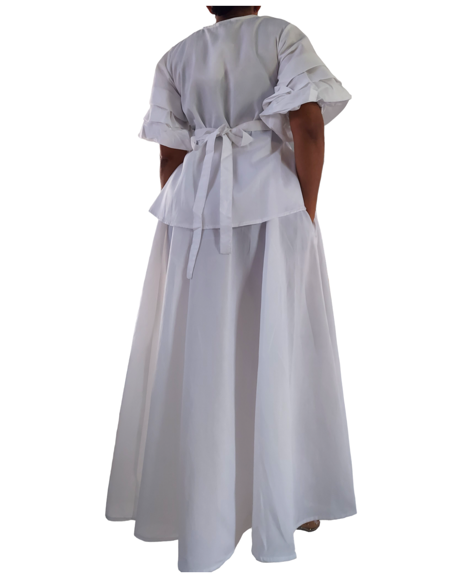 25034 Faux Silk Long Skirt & Wrap Blouse Set - White