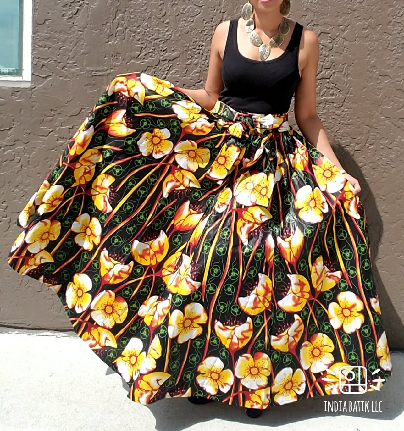 7001- Woman's Long Maxi Skirt- Black/Yellow Floral