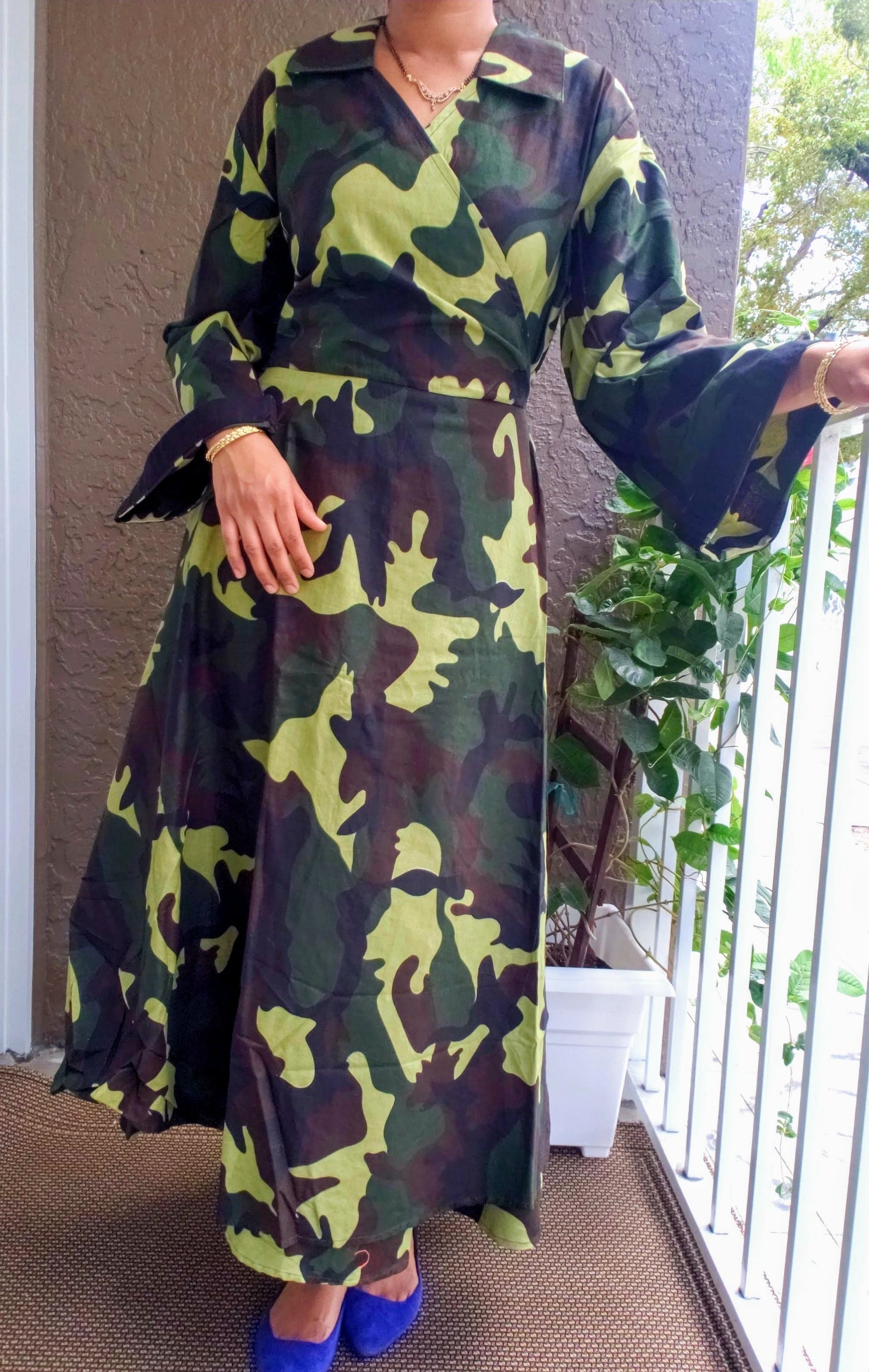 #8007- Women Long Wrap Dress/ Long Sleeves- Green Camouflage