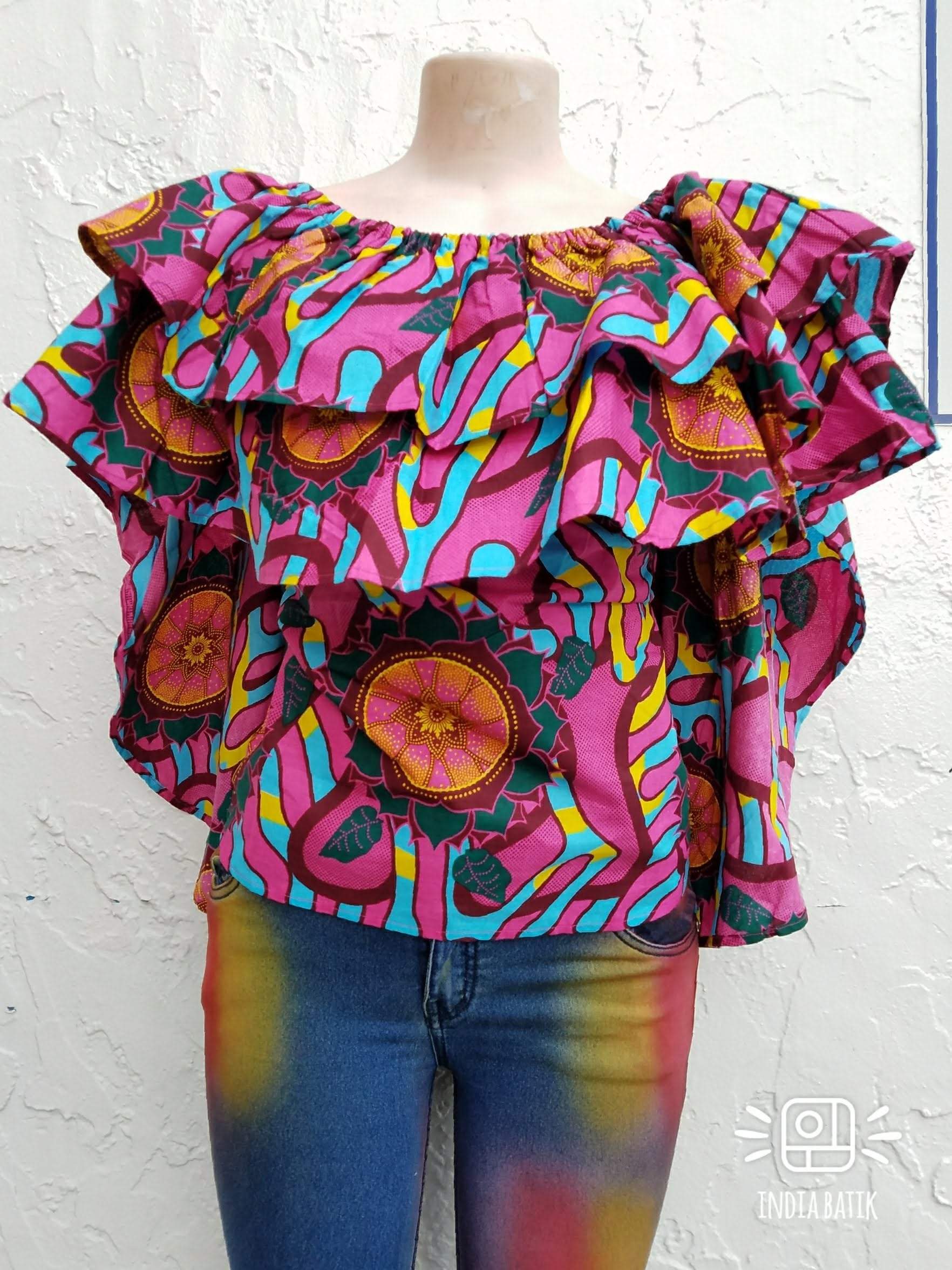 #7040 women African Print Cape Blouse- Pink