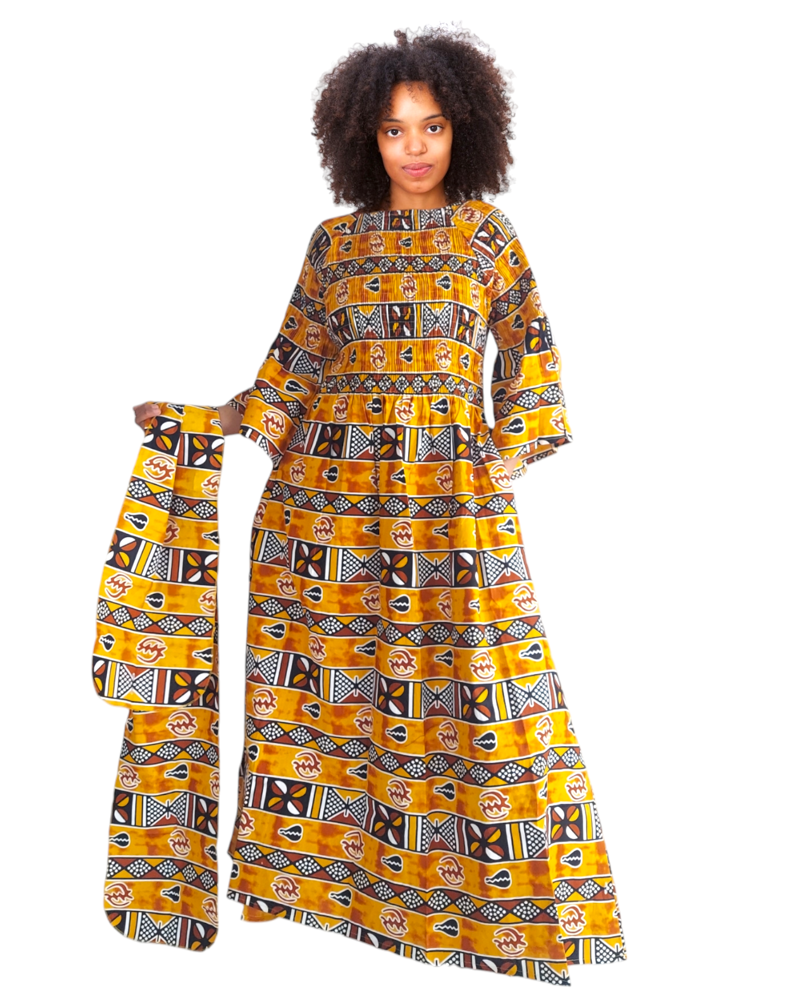 024 Women Long Printed Smocked Dress- Mud Tribal Print