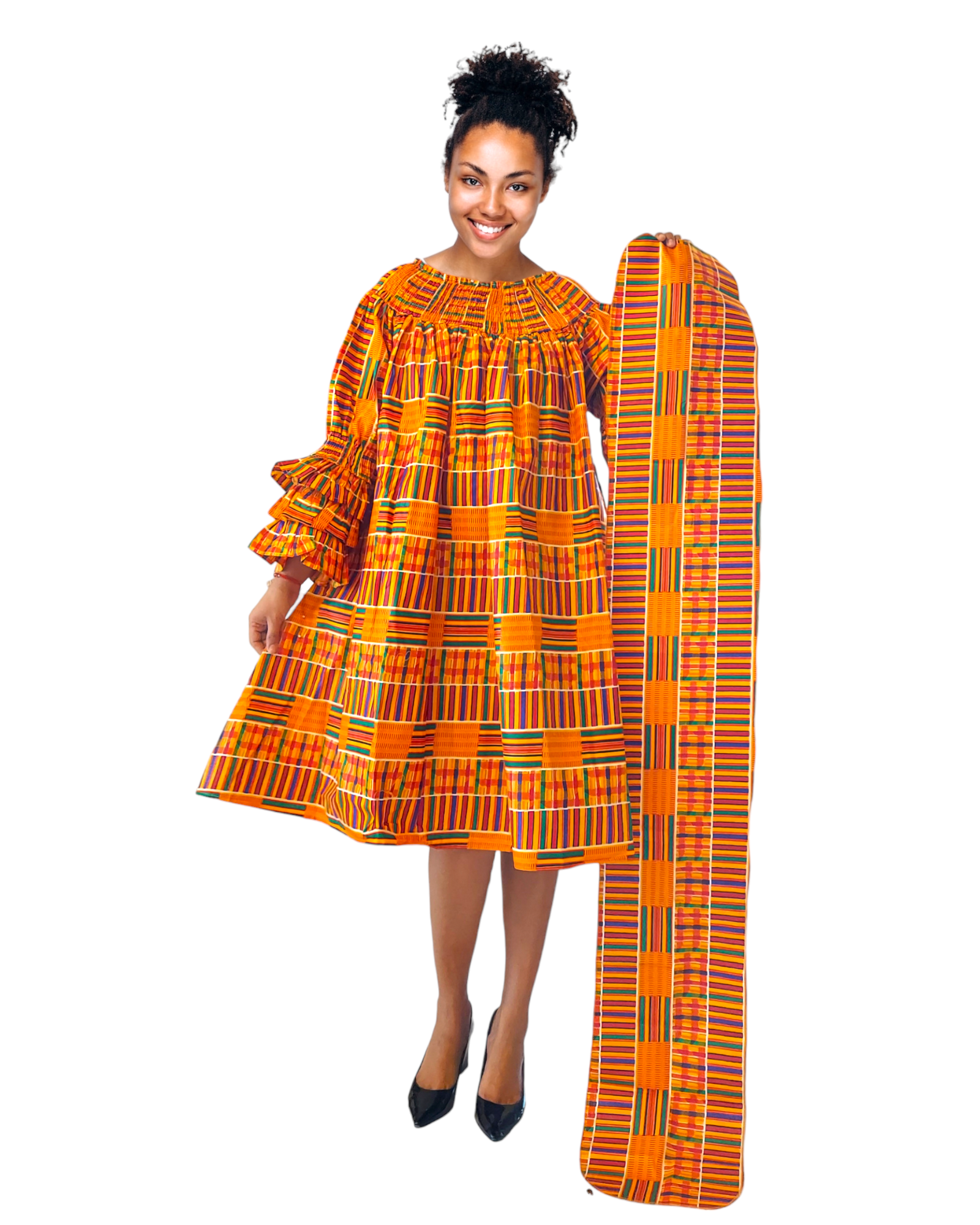 018- Women Middi Off Shoulder African Kente Dress - Orange