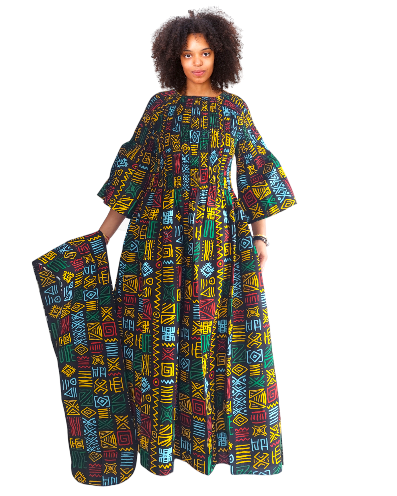 024 Long Printed Cotton Smocked Dress - Rasta