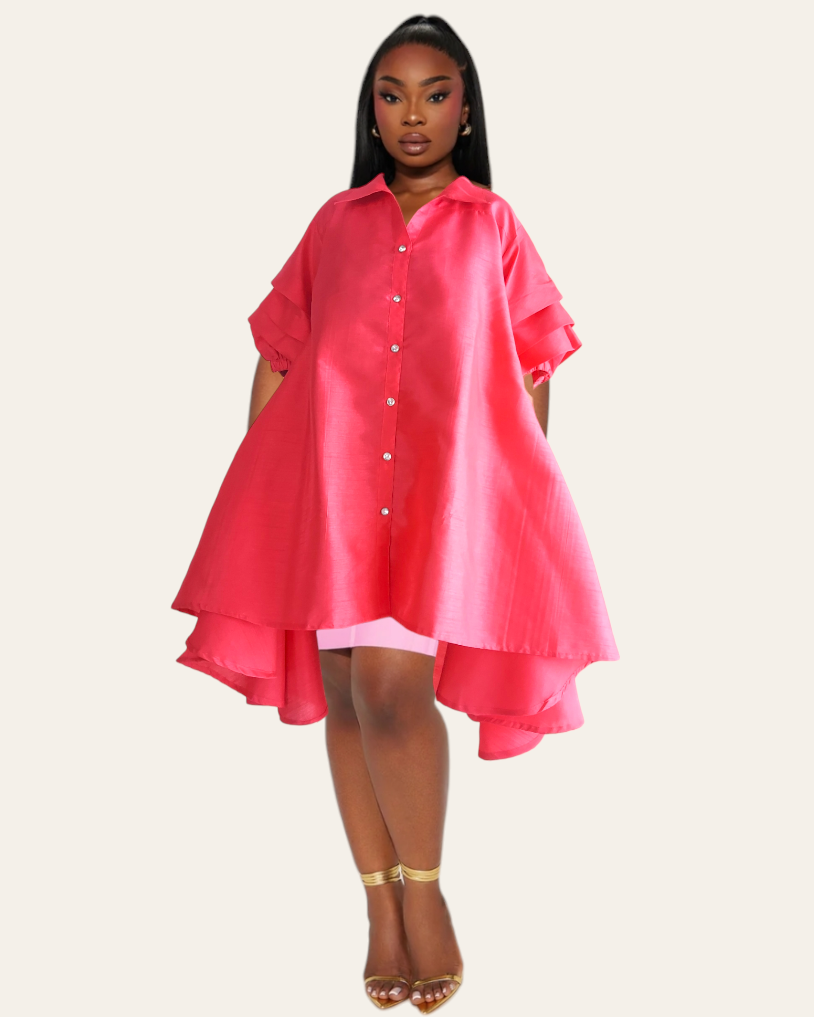 Swing Dress/ Faux Silk/ Ruffle Sleeve - Fuchsia