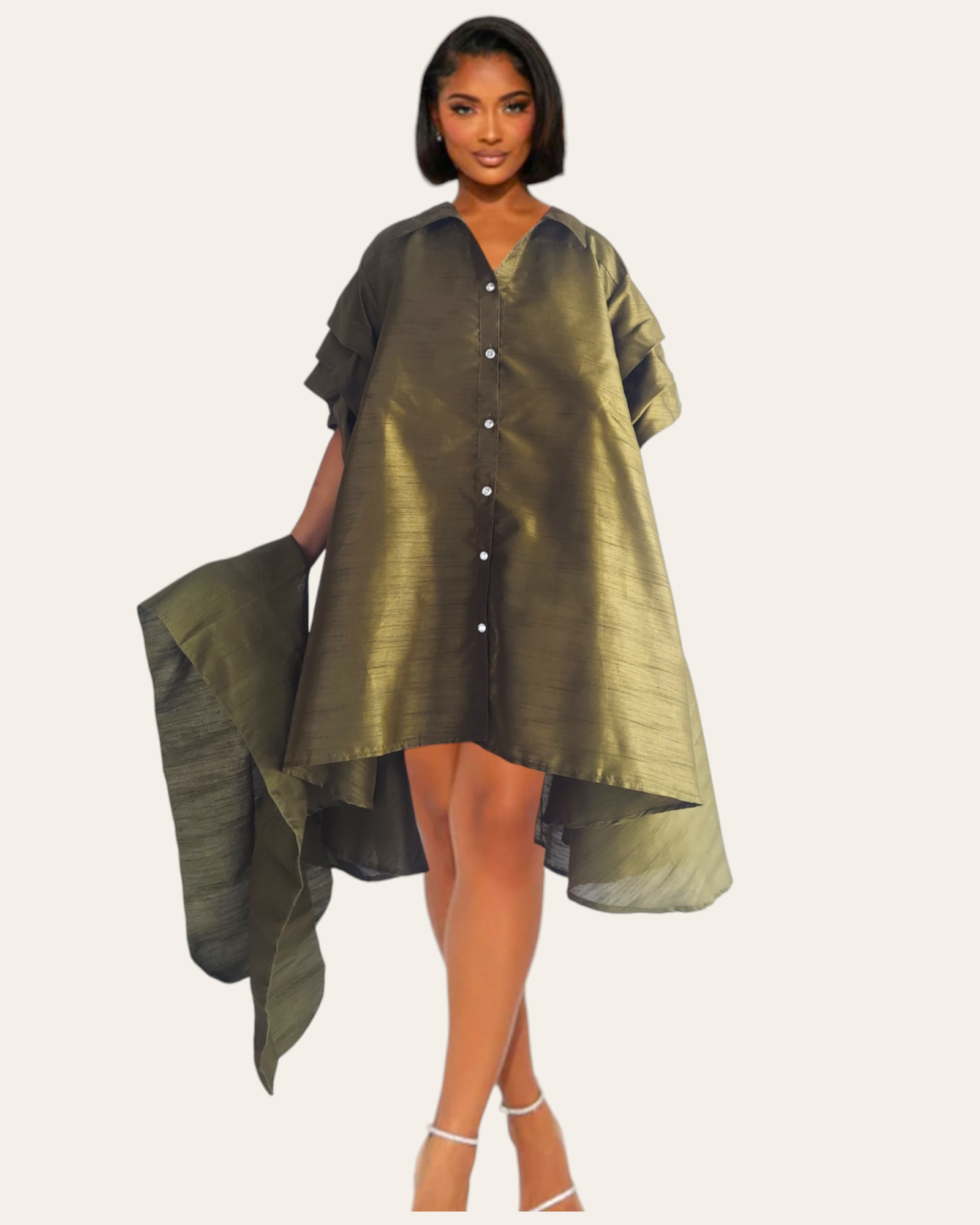 Swing Dress/ Faux Silk/ Ruffle Sleeve - Olive 25013