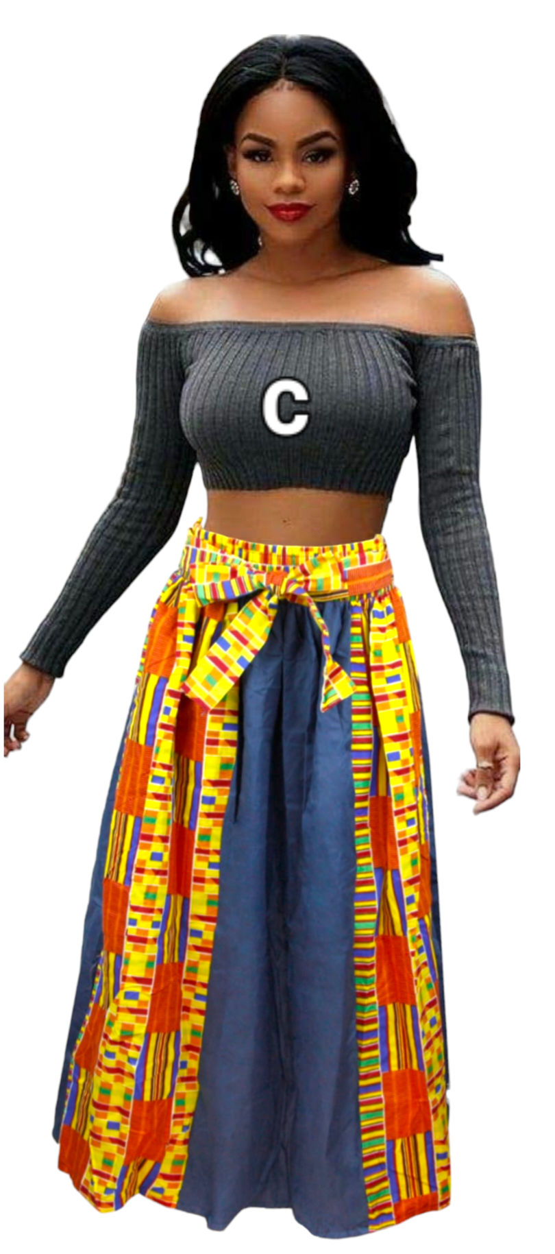 GM3006- Kente & Denim Panel Skirt