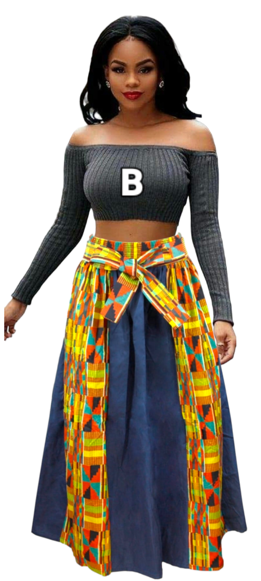 GM3006- Kente & Denim Panel Skirt