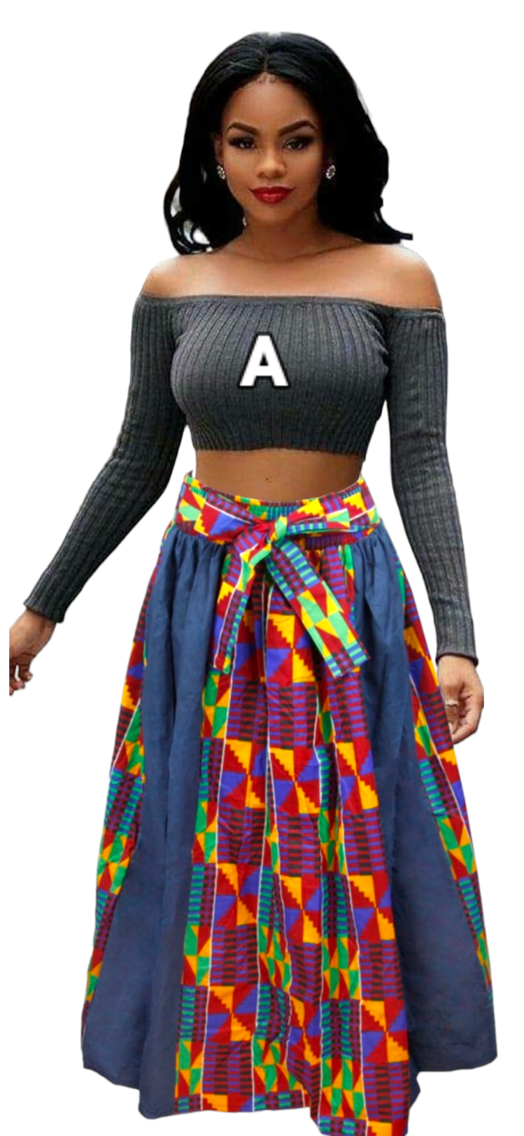 GM3006- Kente & Denim Panel Skirt