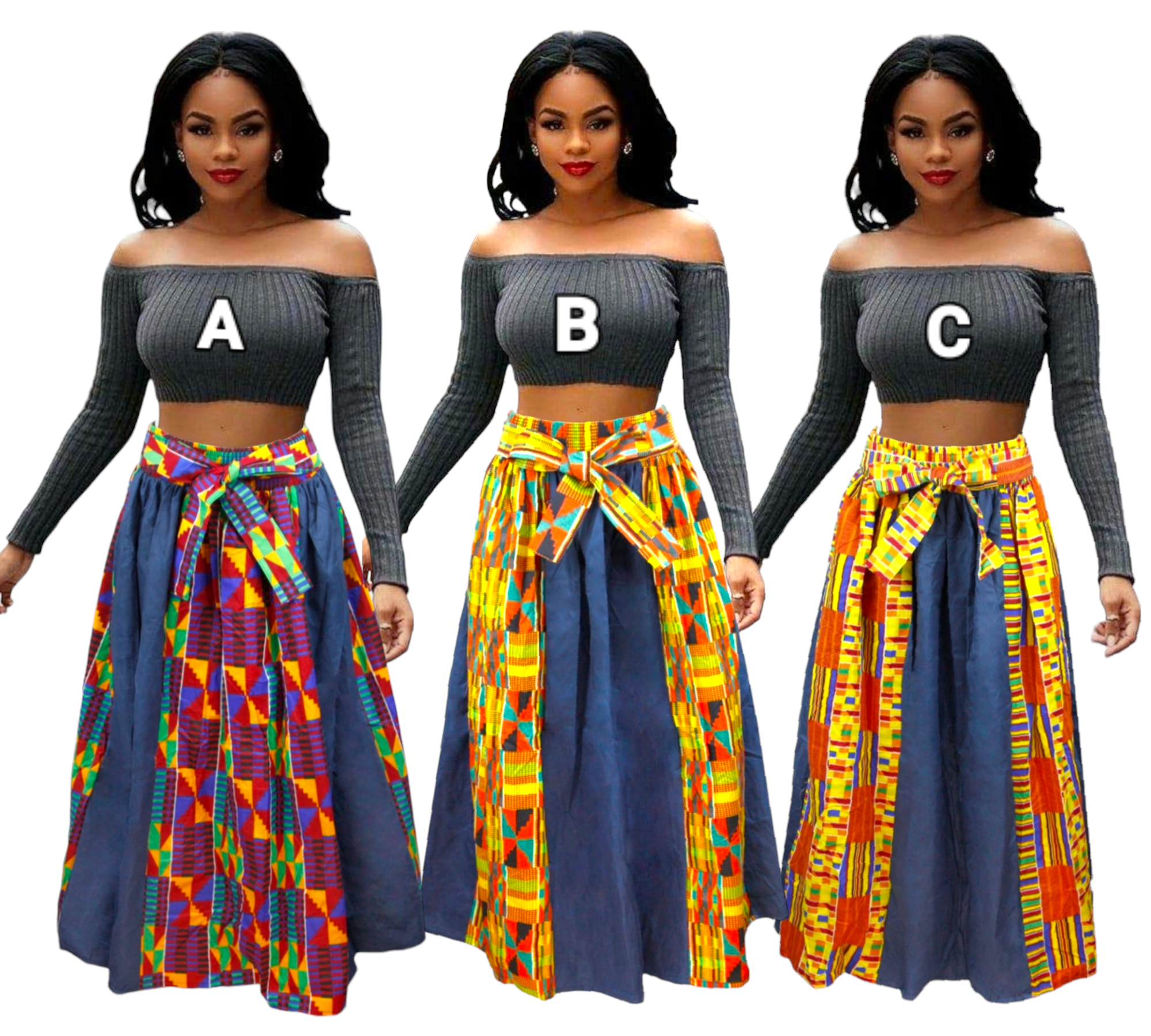 GM3006- Kente & Denim Panel Skirt