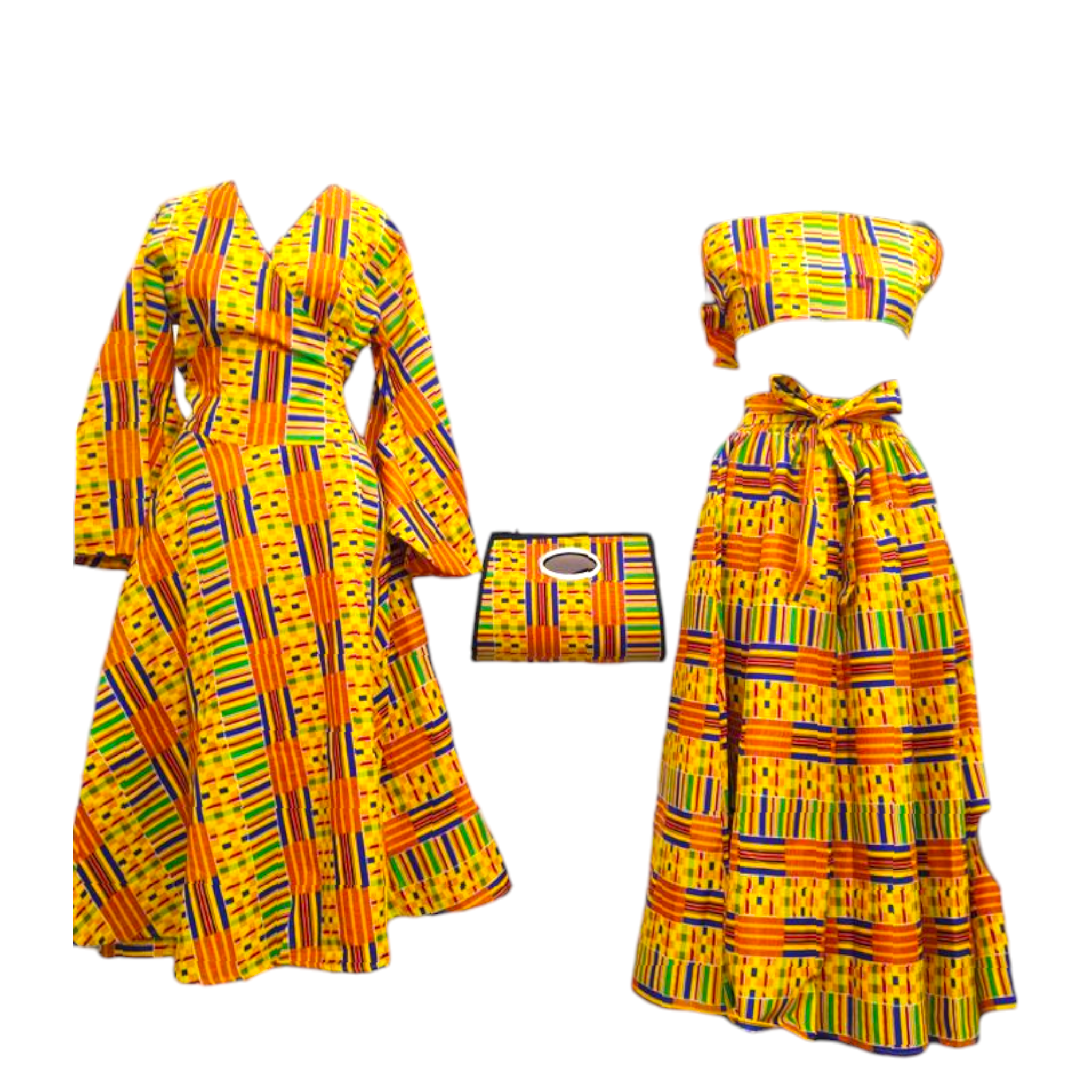 Wrap Dress /  Maxi Skirt / Pocketbook Combo Set- Yellow Kente