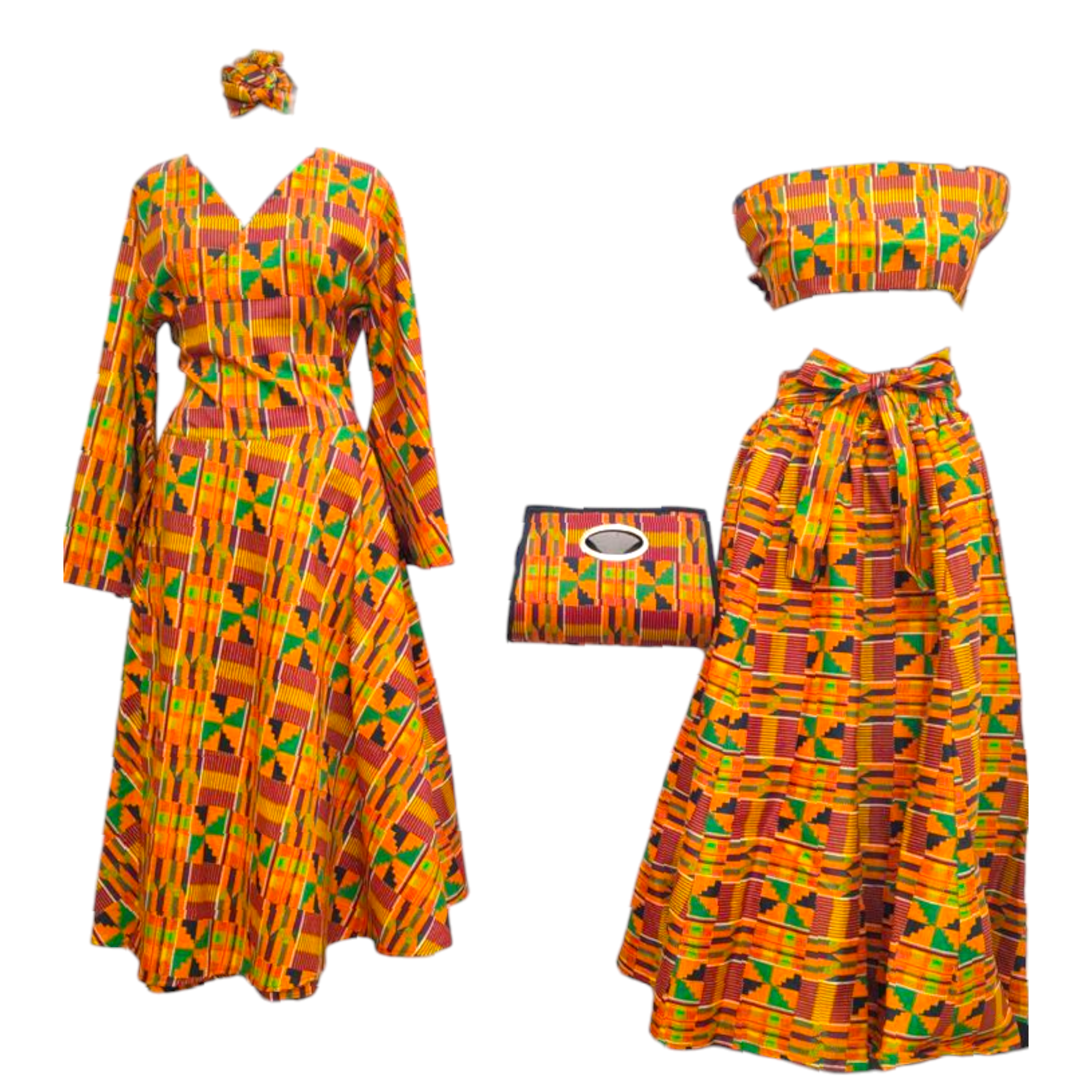 Wrap Dress /  Maxi Skirt / Pocketbook Combo Set- Orange Kente 3C