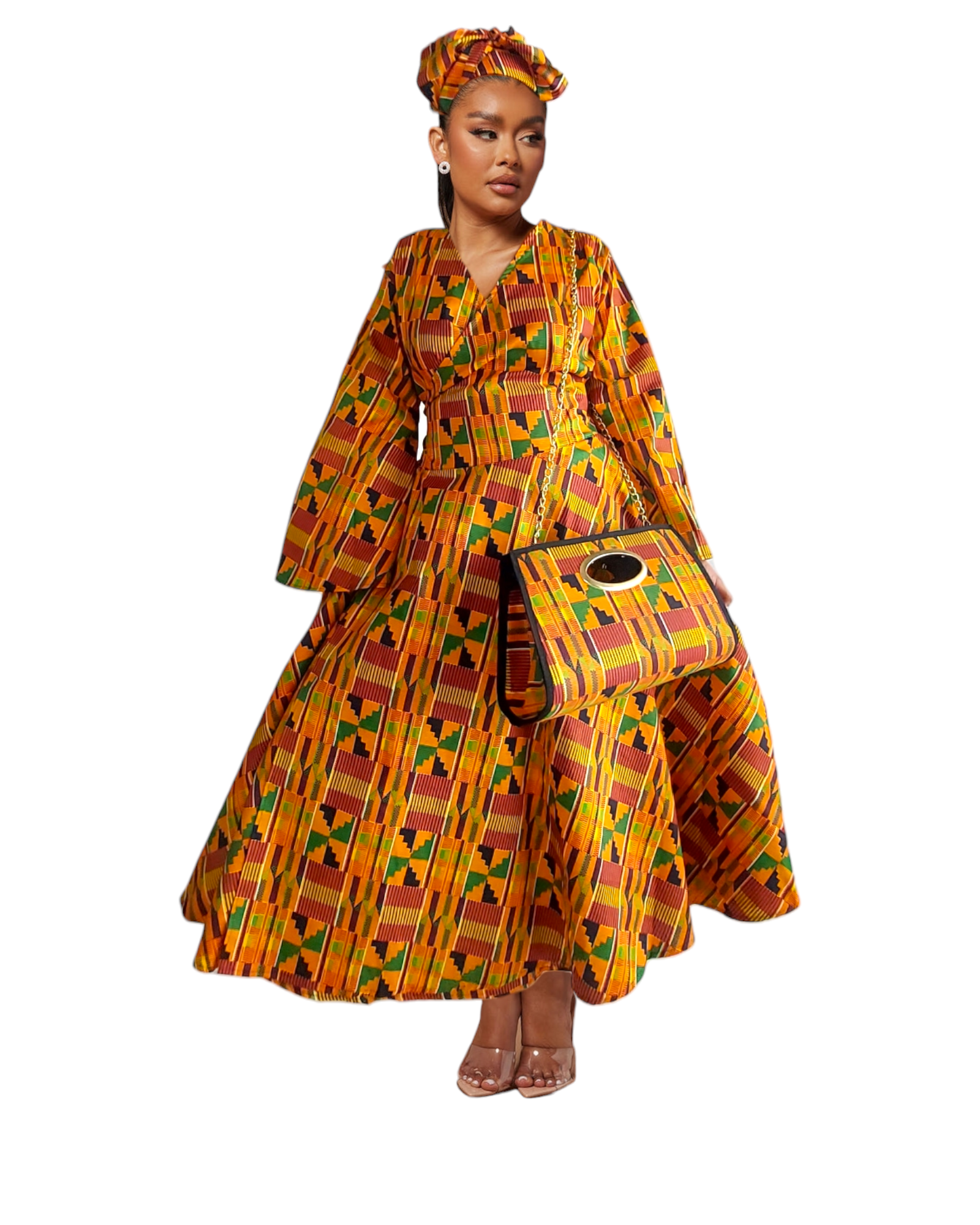 Wrap Dress /  Maxi Skirt / Pocketbook Combo Set- Orange Kente 3C