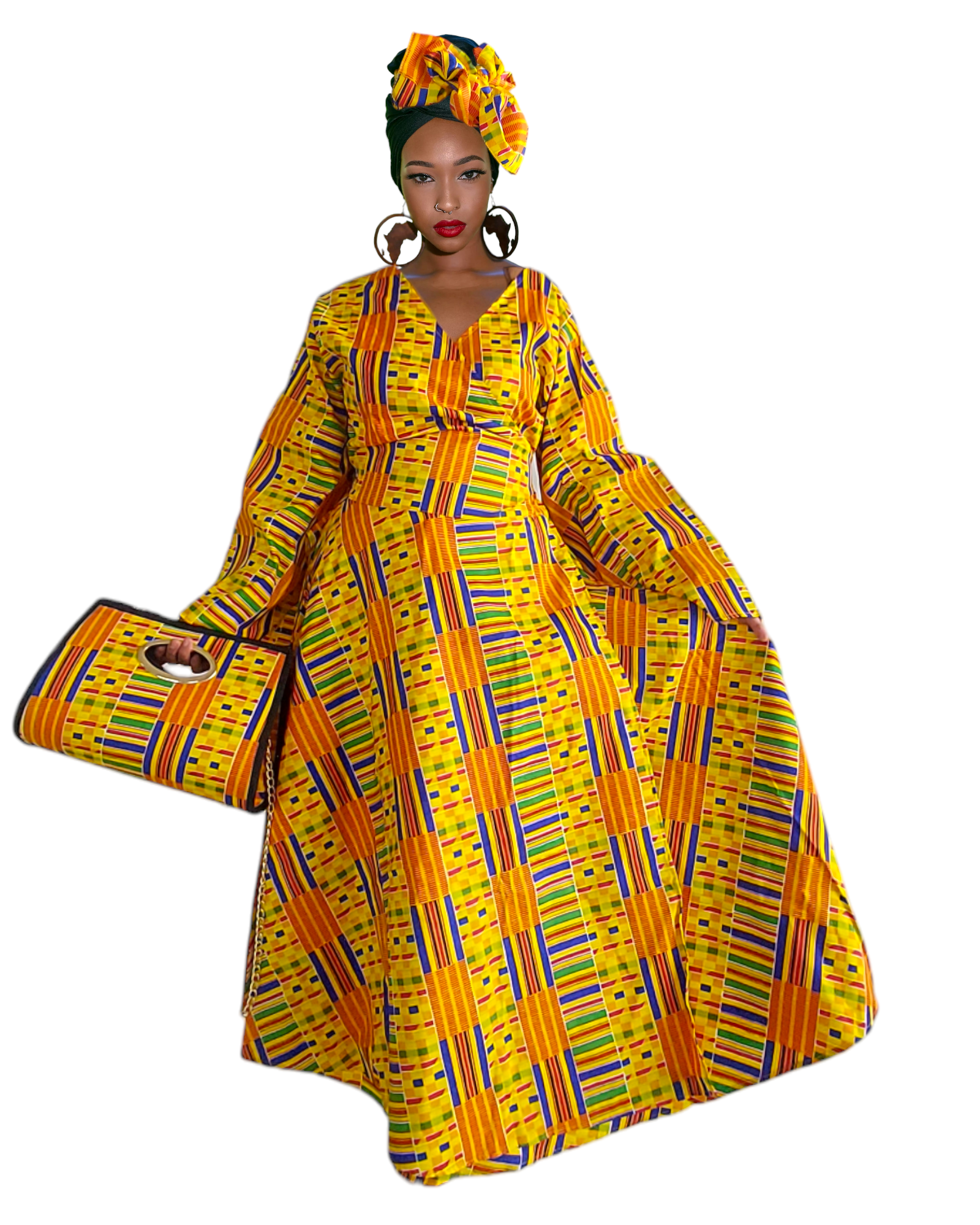 Wrap Dress /  Maxi Skirt / Pocketbook Combo Set- Yellow Kente