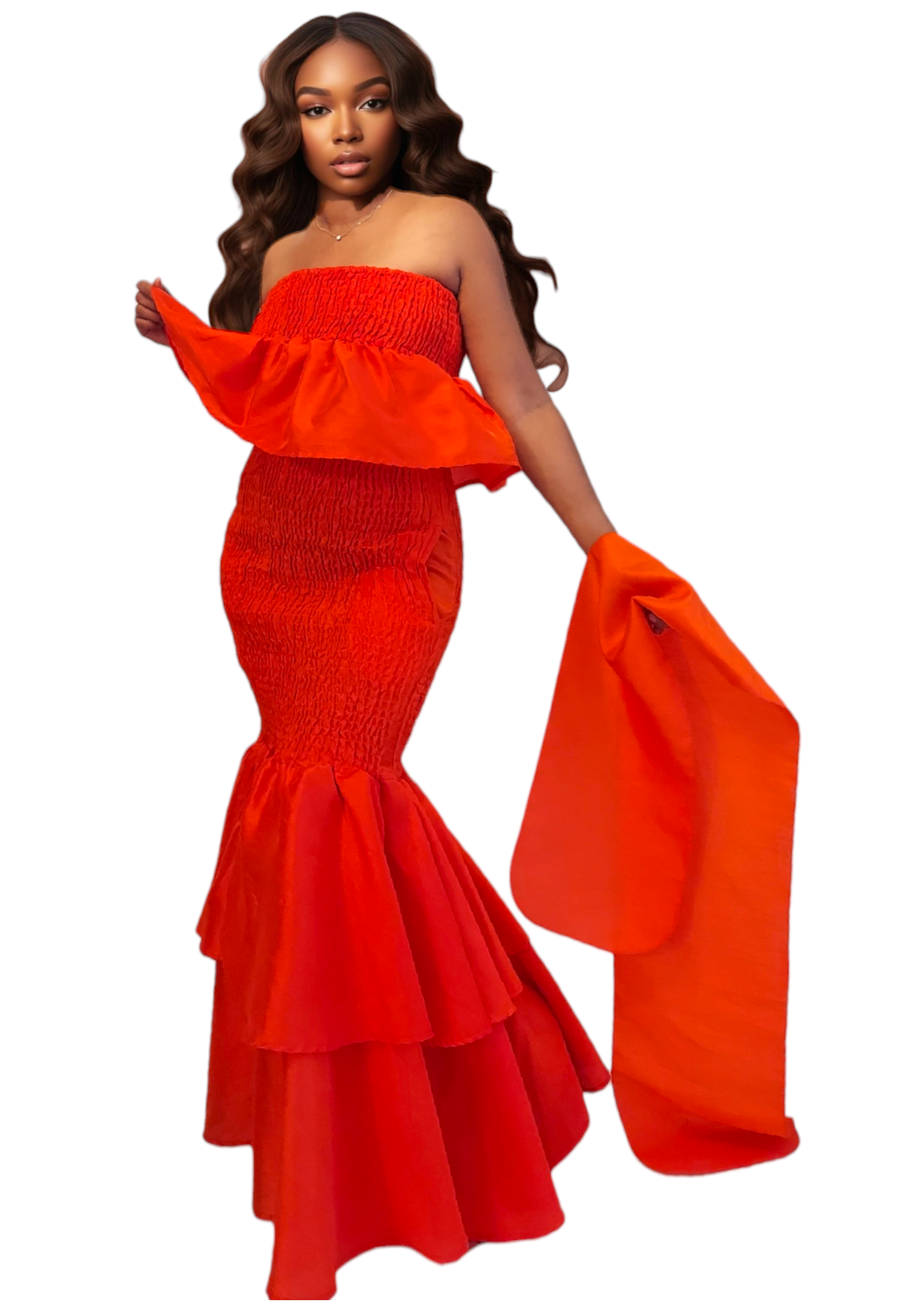 Faux Silk Smock Mermaid Dress - Orange