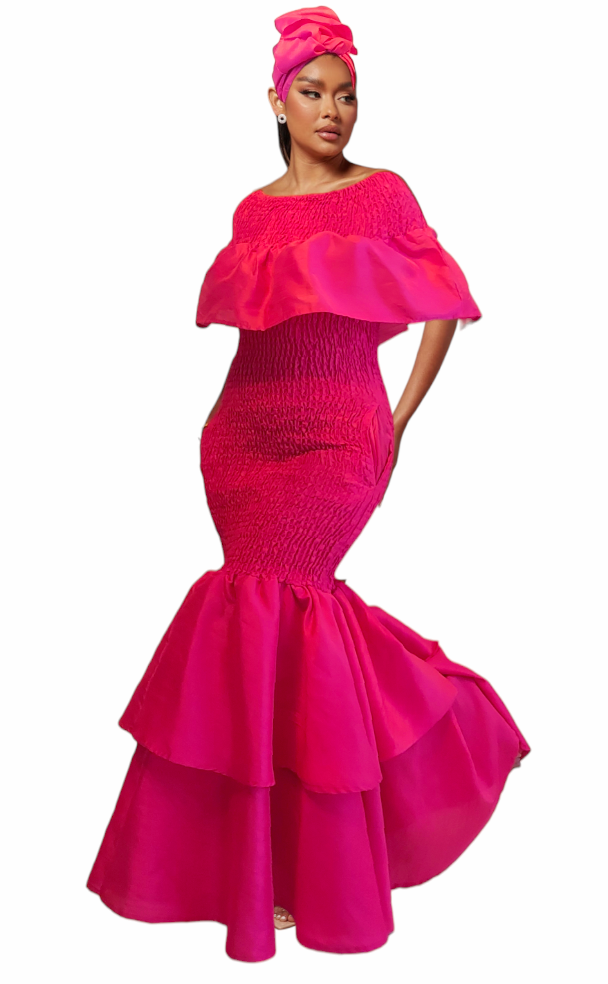 Faux Silk Smock Mermaid Dress - Fuchsia