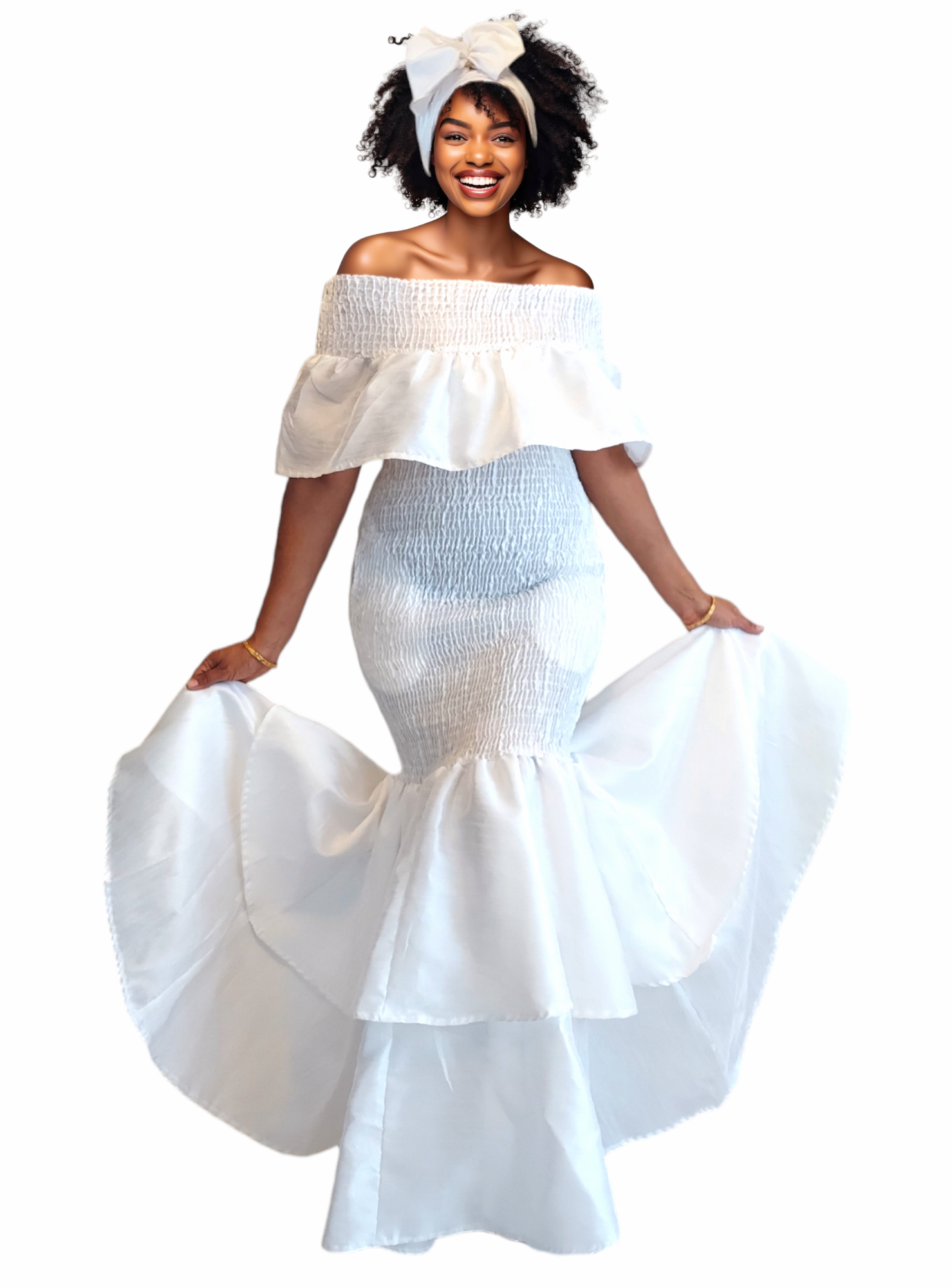 Faux Silk Smock Mermaid Dress - White