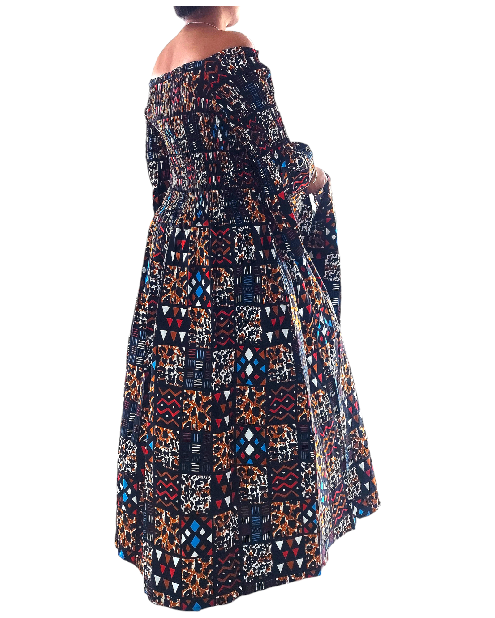 024 Women Long Printed Smocked Dress -Brown