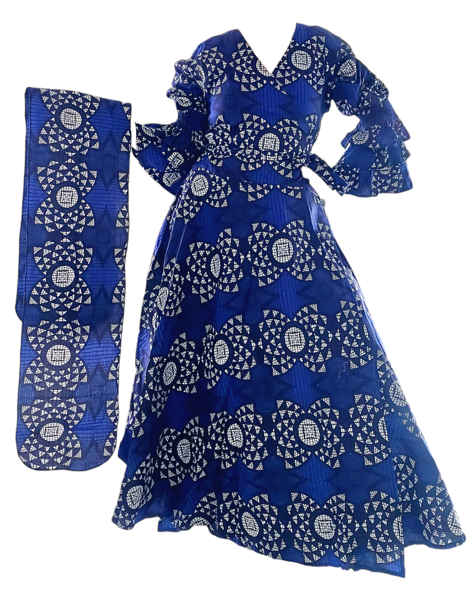 70-Woman's Long African Print Wrap Dress - Blue